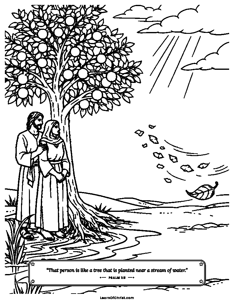 Psalms 1 coloring page - A strong tree planted beside a stream