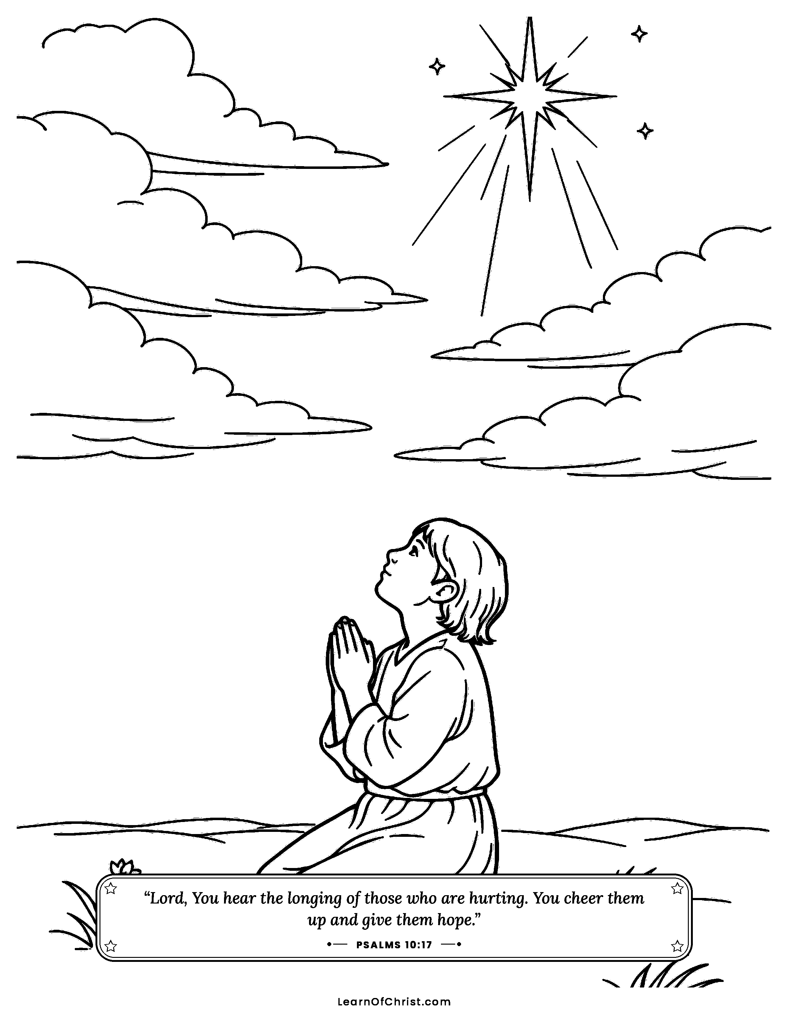 Psalms 10 coloring page - A child prays in the empty field. Free printable Bible coloring sheet for kids.