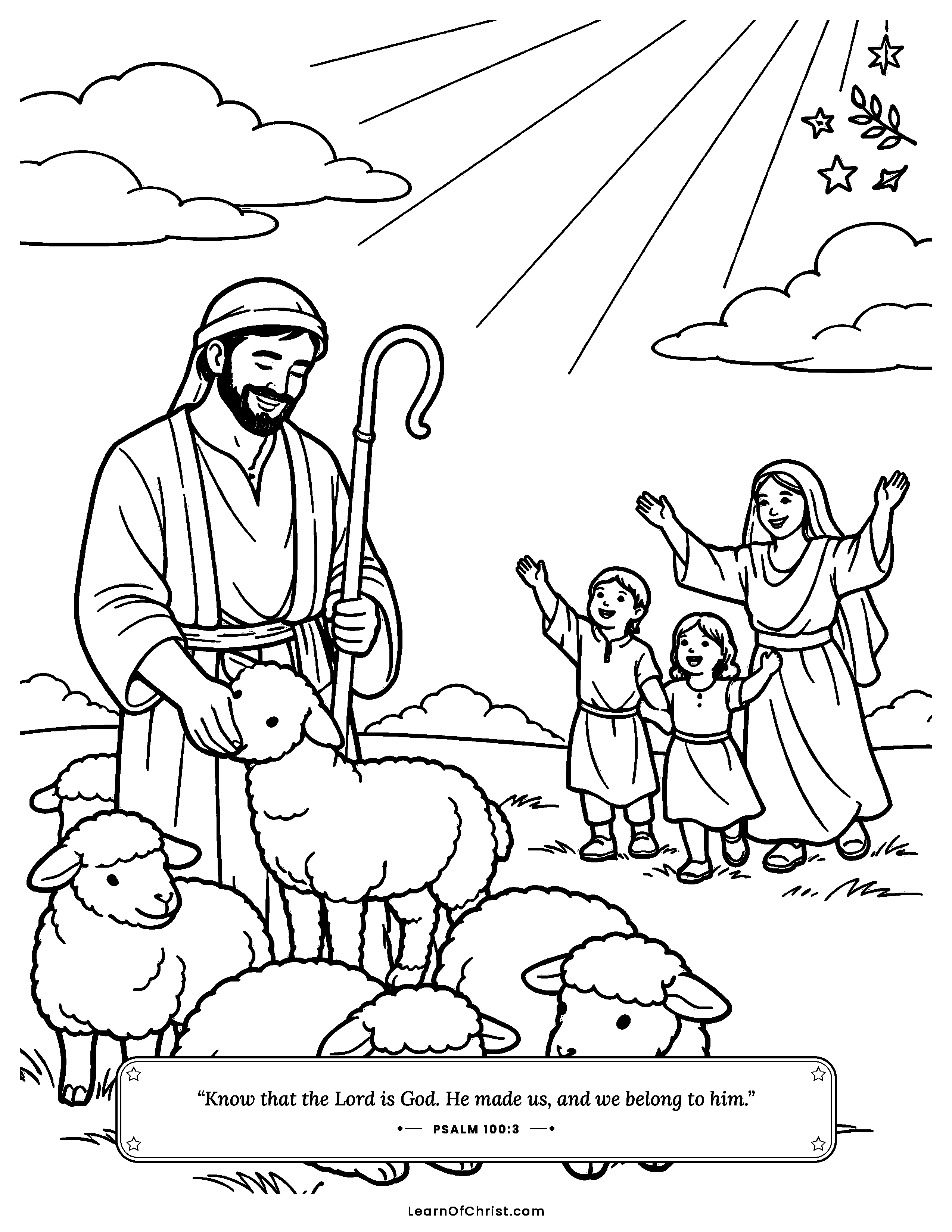 Psalms 100 coloring page - The shepherd knows every sheep. Free printable Bible coloring sheet for kids.