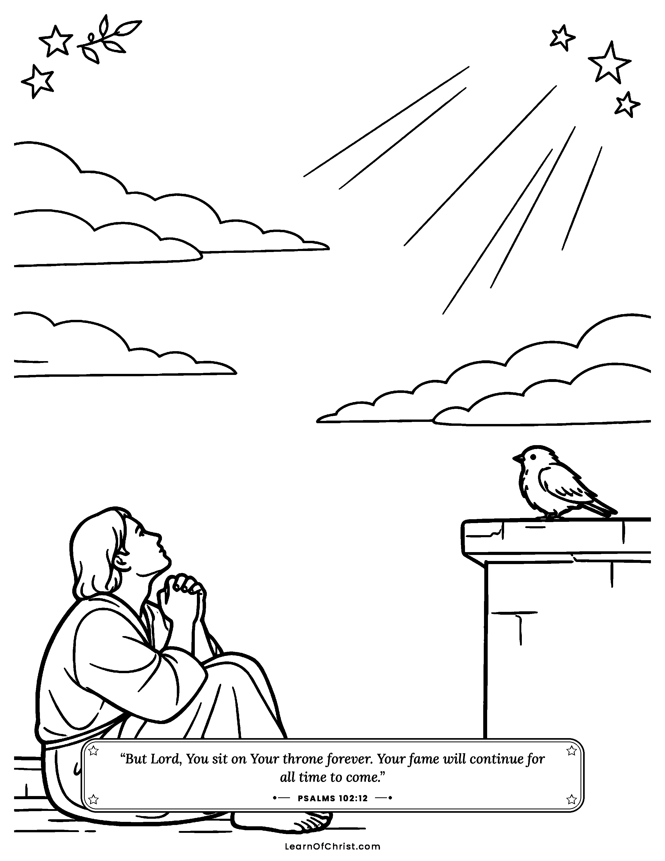 Psalms 102 coloring page - A lonely bird on the rooftop. Free printable Bible coloring sheet for kids.