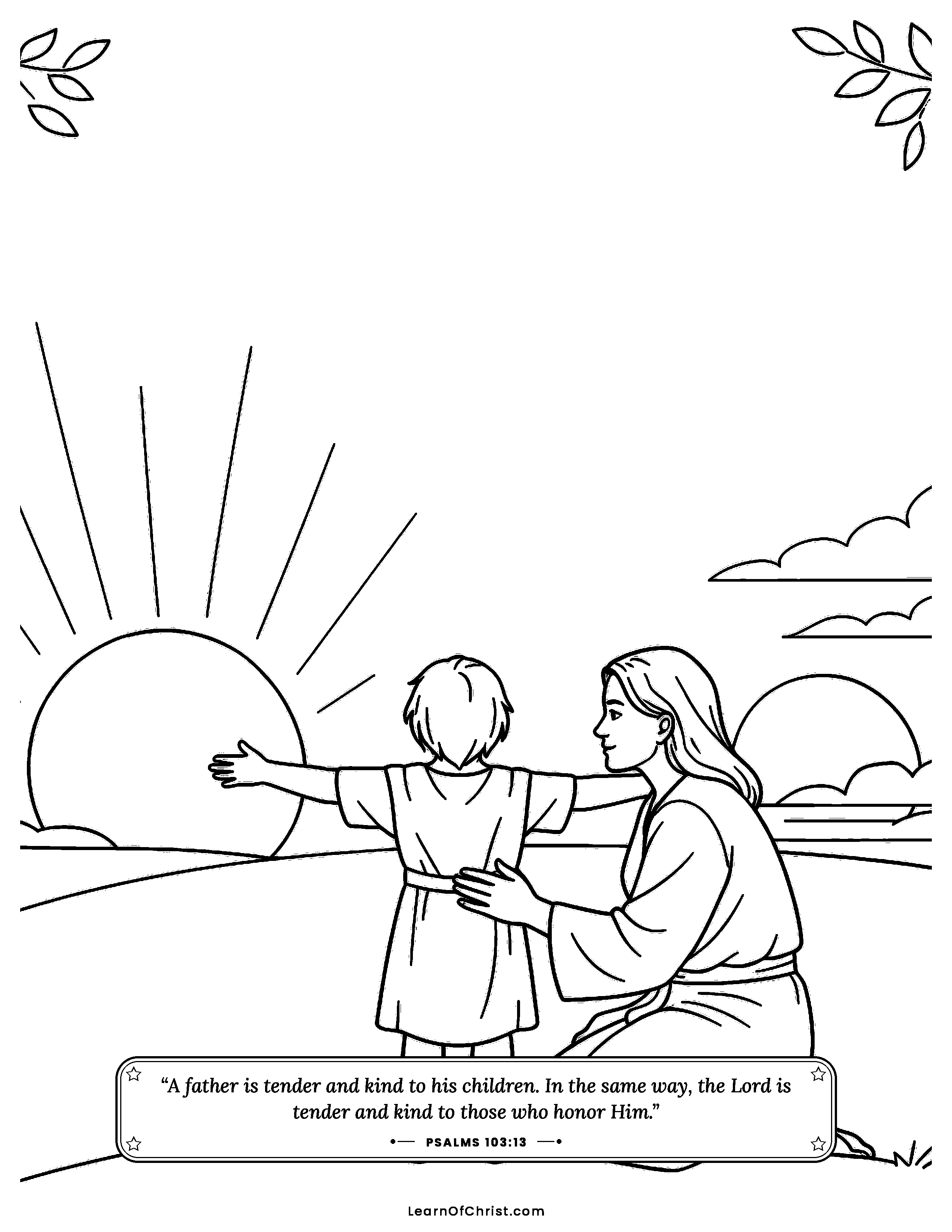 Psalms 103 coloring page - As far as the east is from the west. Free printable Bible coloring sheet for kids.