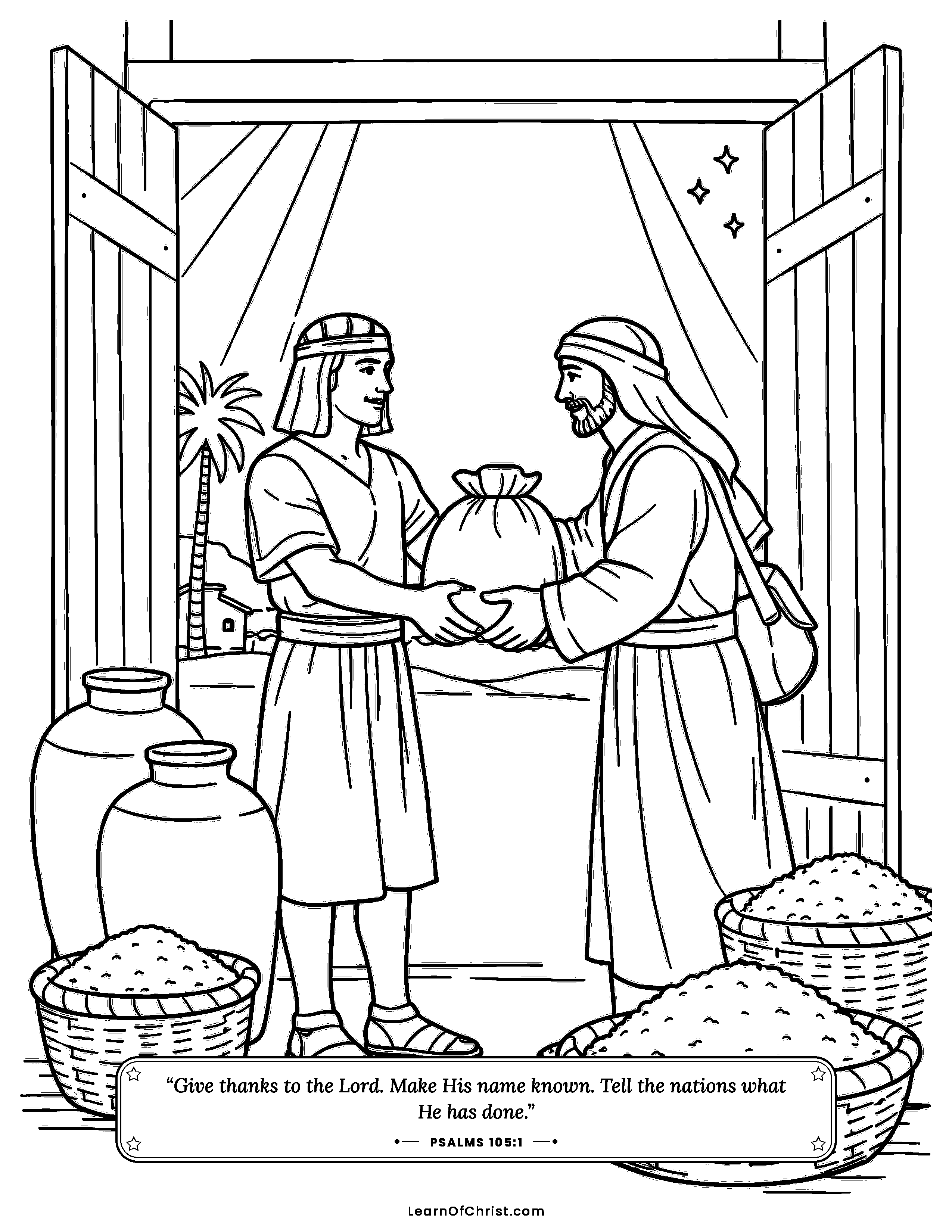 Psalms 105 coloring page - Joseph opens the storehouse doors. Free printable Bible coloring sheet for kids.