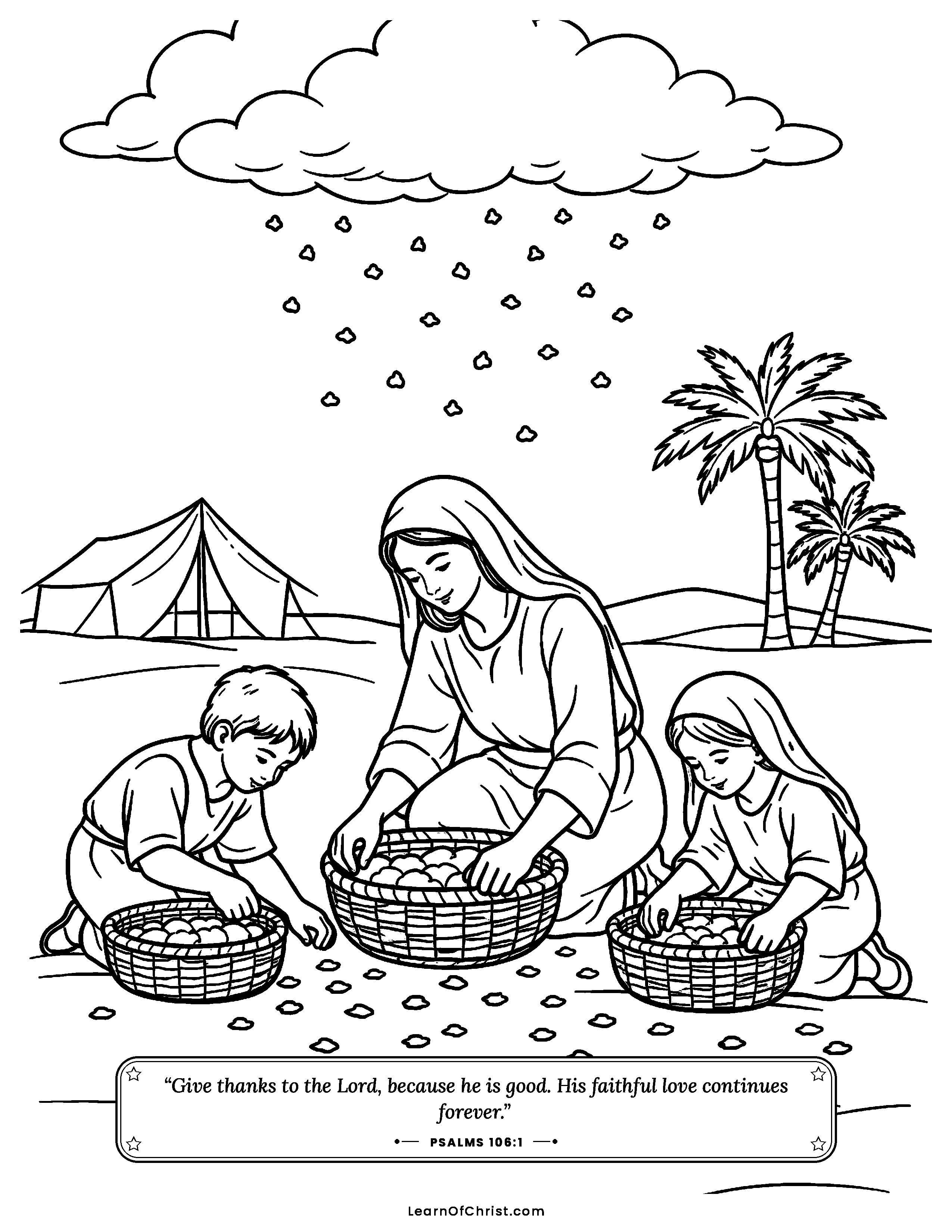 Psalms 106 coloring page - Gathering bread from heaven. Free printable Bible coloring sheet for kids.
