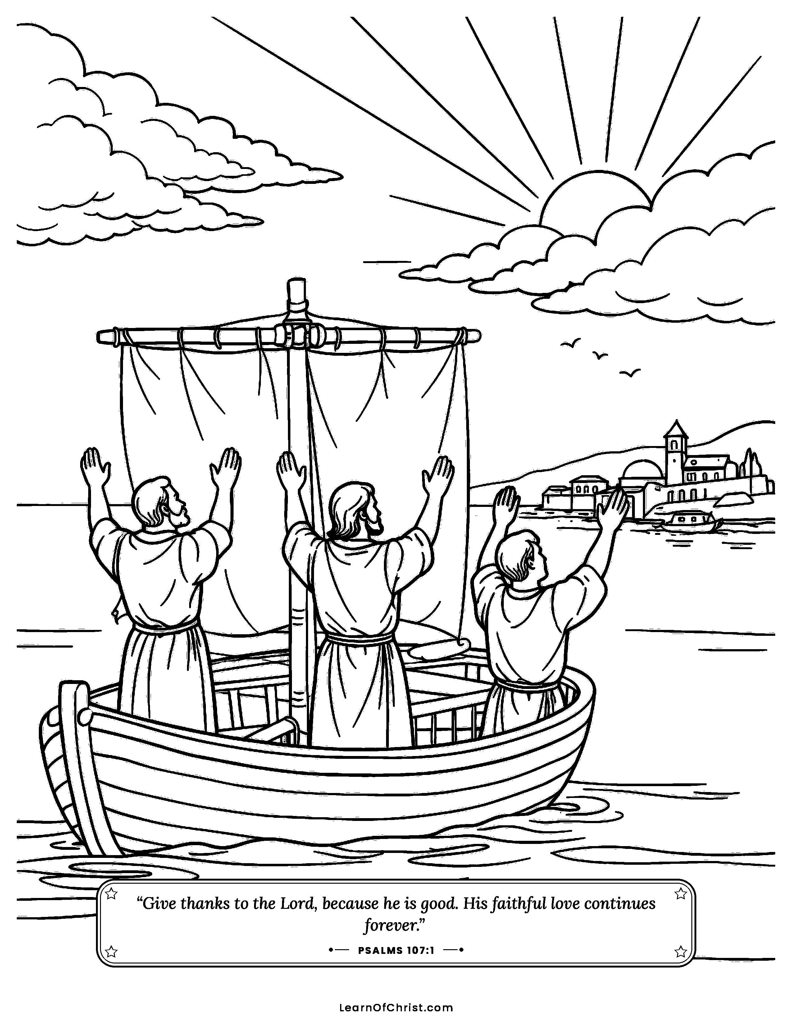 Psalms 107 coloring page - The storm lies down for the sailors. Free printable Bible coloring sheet for kids.
