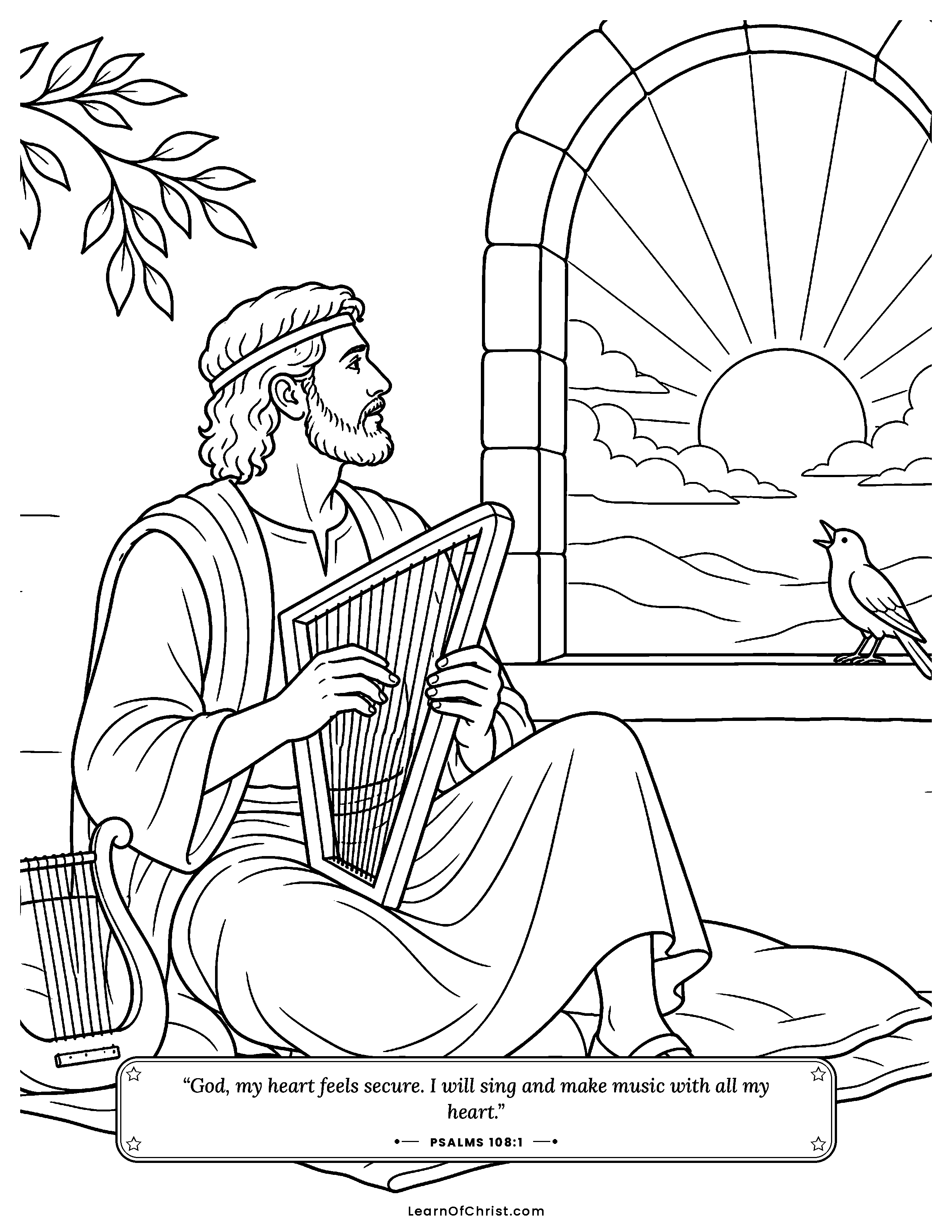 Psalms 108 coloring page - Waking the harp at sunrise. Free printable Bible coloring sheet for kids.