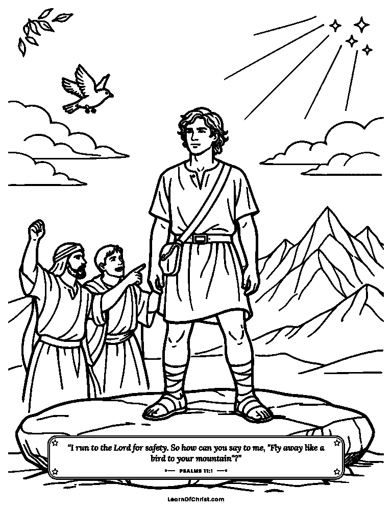 Psalms 11 coloring page - David refuses to fly away afraid