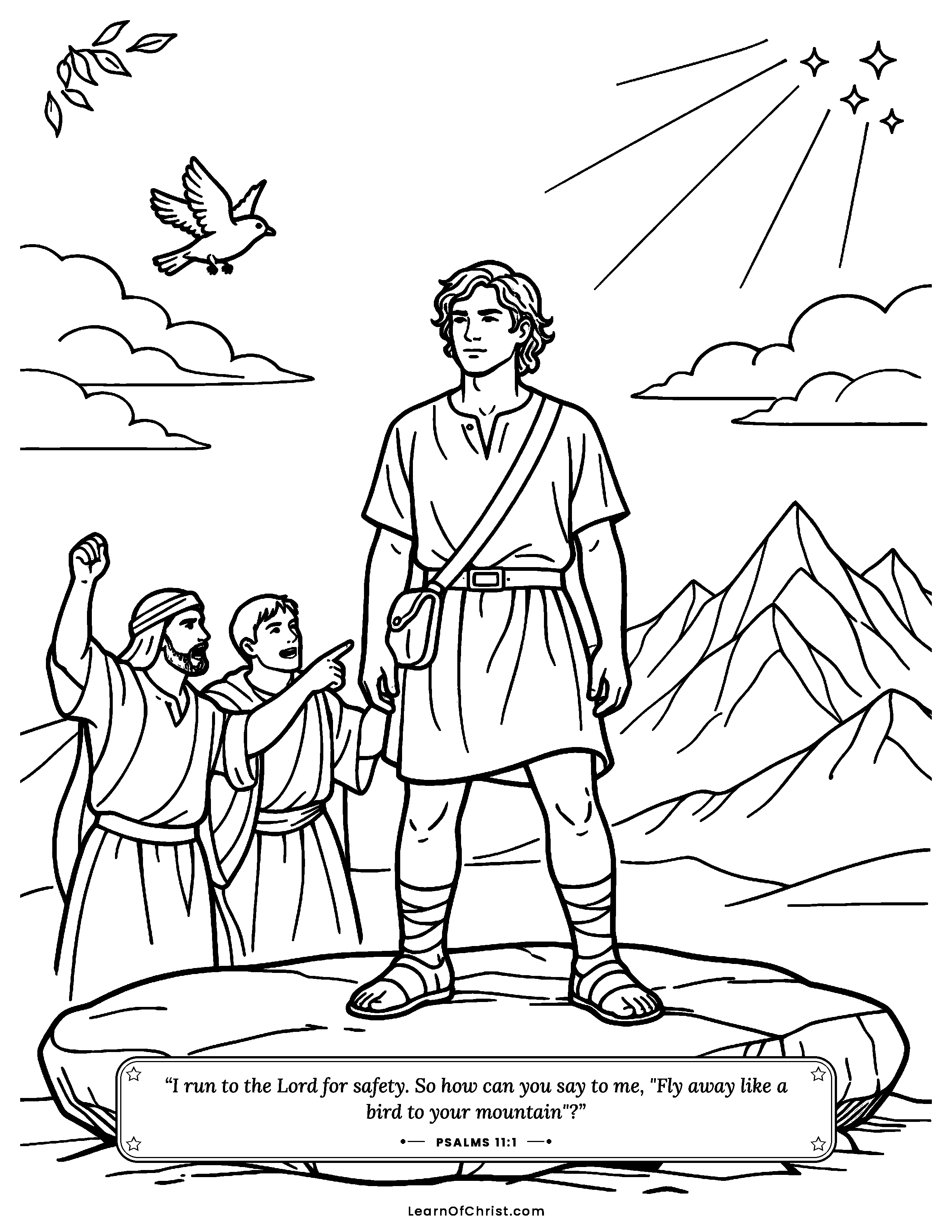 Psalms 11 coloring page - David refuses to fly away afraid. Free printable Bible coloring sheet for kids.