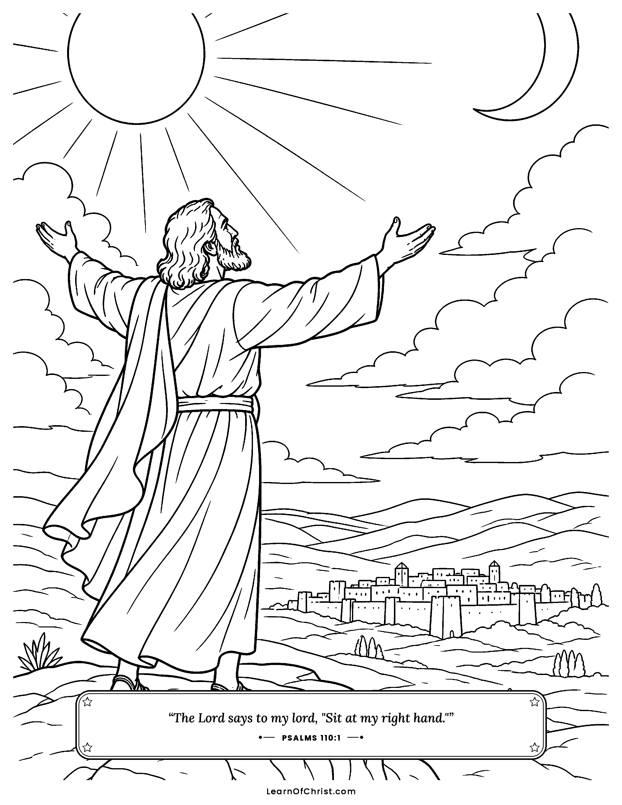 Psalms 110 coloring page - The seat of honor waits for the King. Free printable Bible coloring sheet for kids.