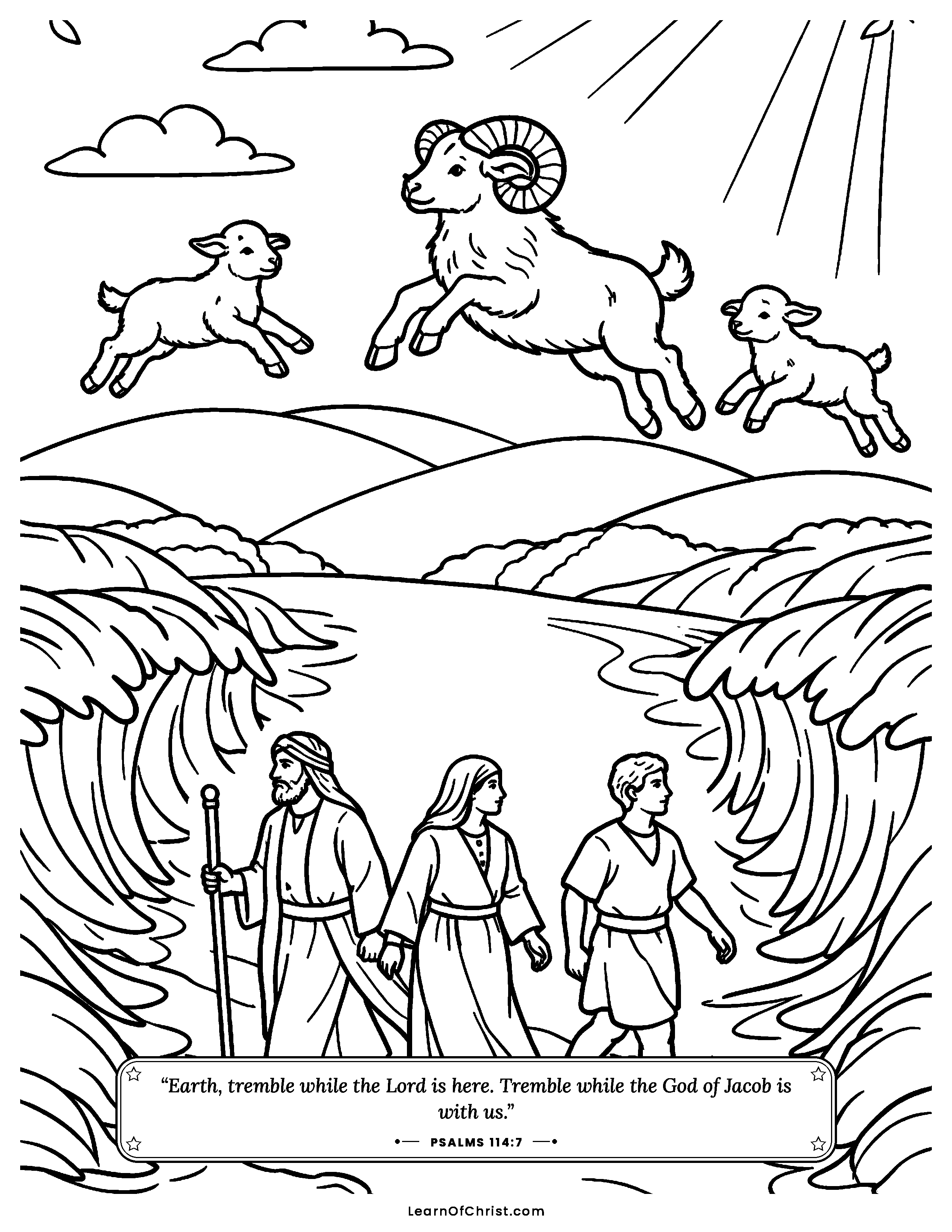 Psalms 114 coloring page - The hills skip like little lambs. Free printable Bible coloring sheet for kids.