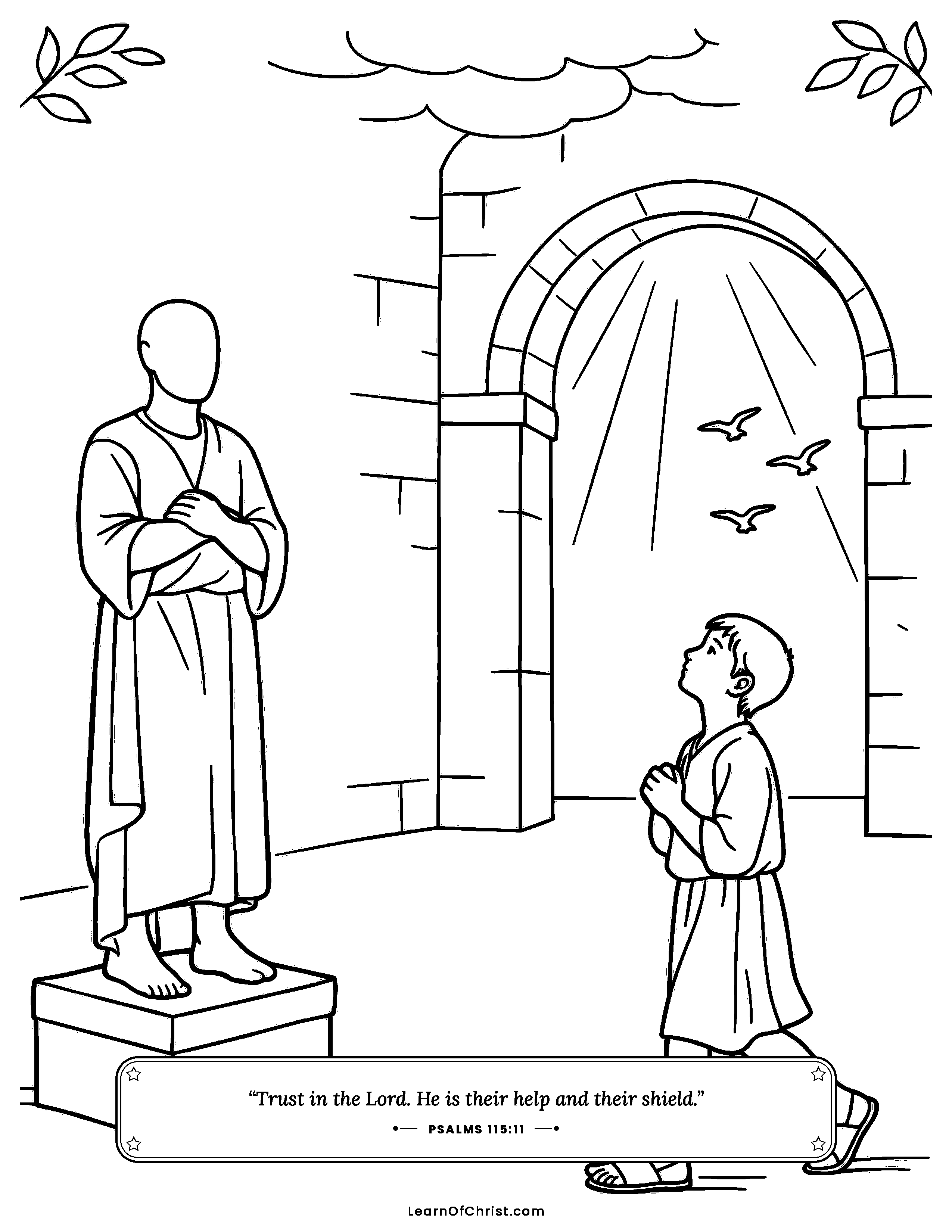 Psalms 115 coloring page - The statue cannot see or hear. Free printable Bible coloring sheet for kids.