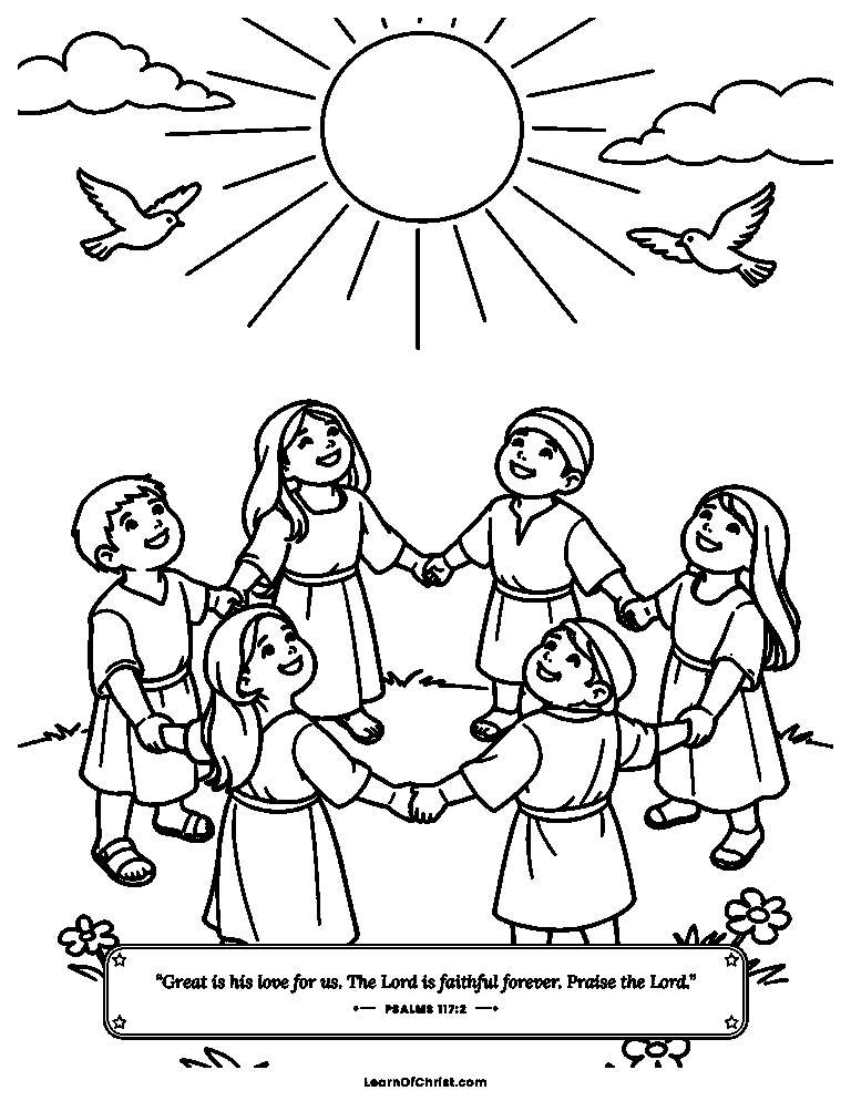 Psalms 117 coloring page - A circle of children from everywhere