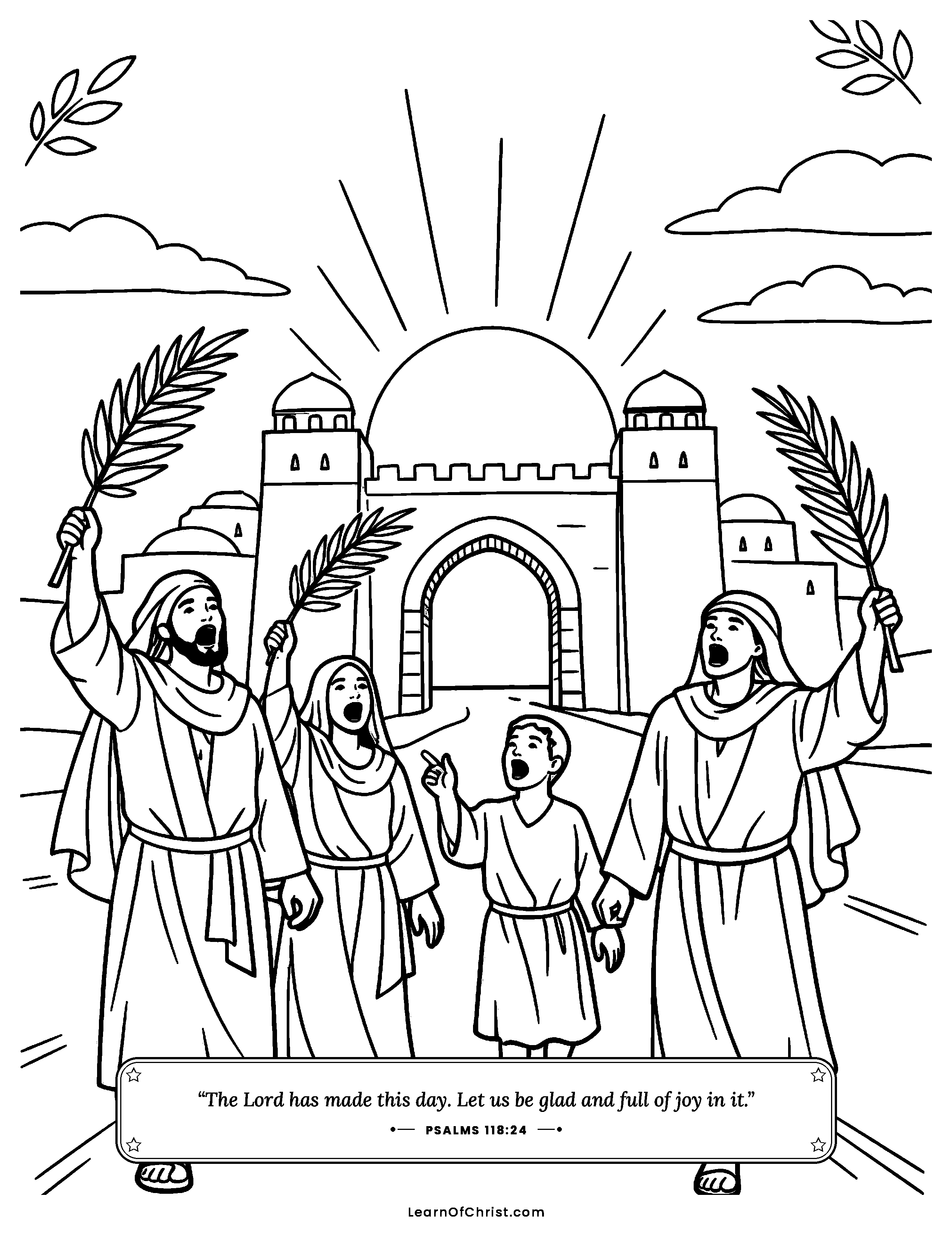 Psalms 118 coloring page - This is the day, so we sing. Free printable Bible coloring sheet for kids.