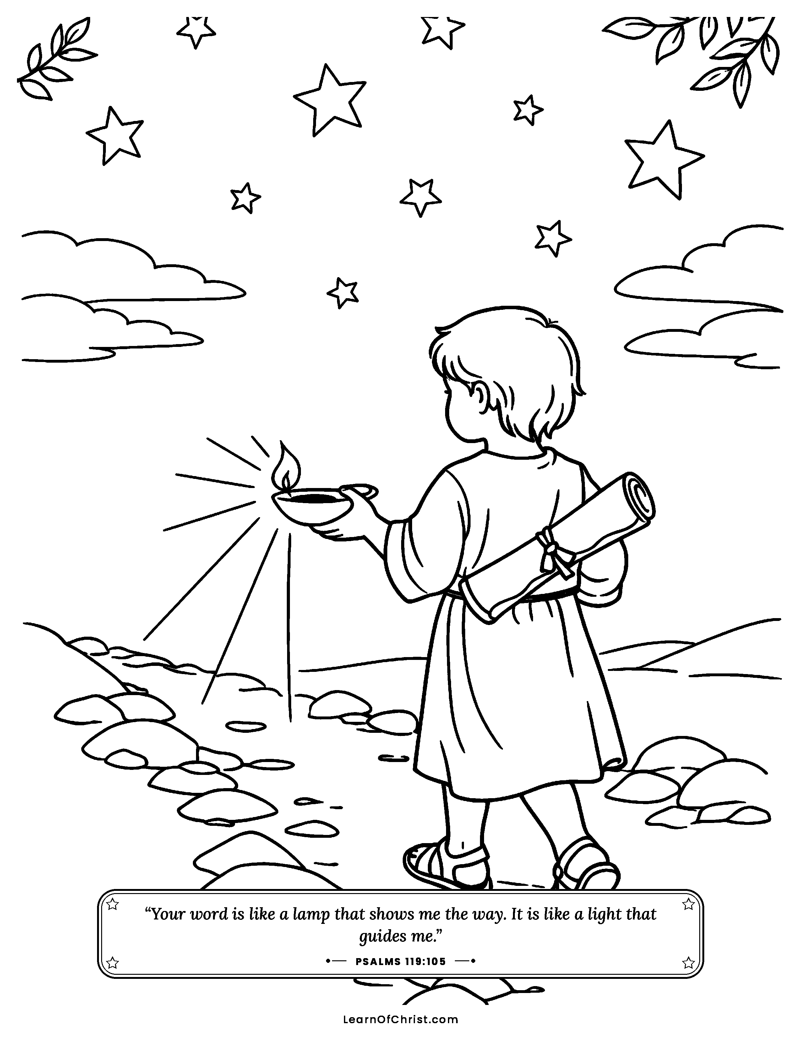 Psalms 119 coloring page - A little lamp shows the next step. Free printable Bible coloring sheet for kids.