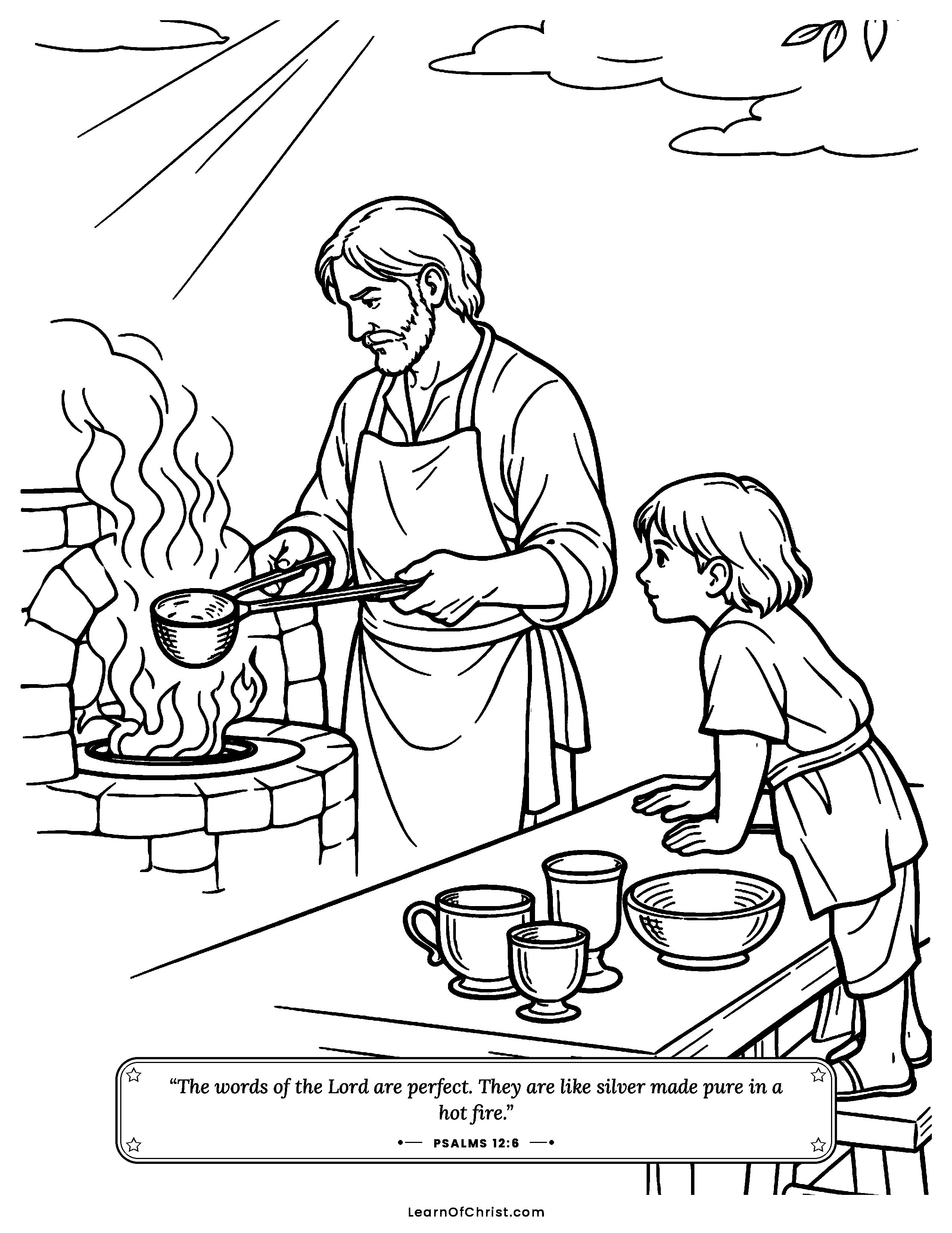 Psalms 12 coloring page - Silver made pure in the fire. Free printable Bible coloring sheet for kids.