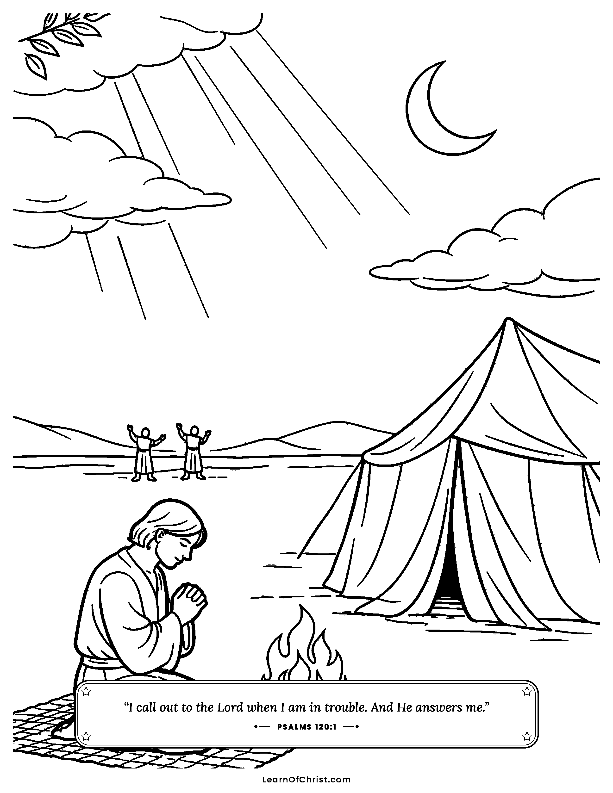 Psalms 120 coloring page - Choosing peace outside the tent. Free printable Bible coloring sheet for kids.