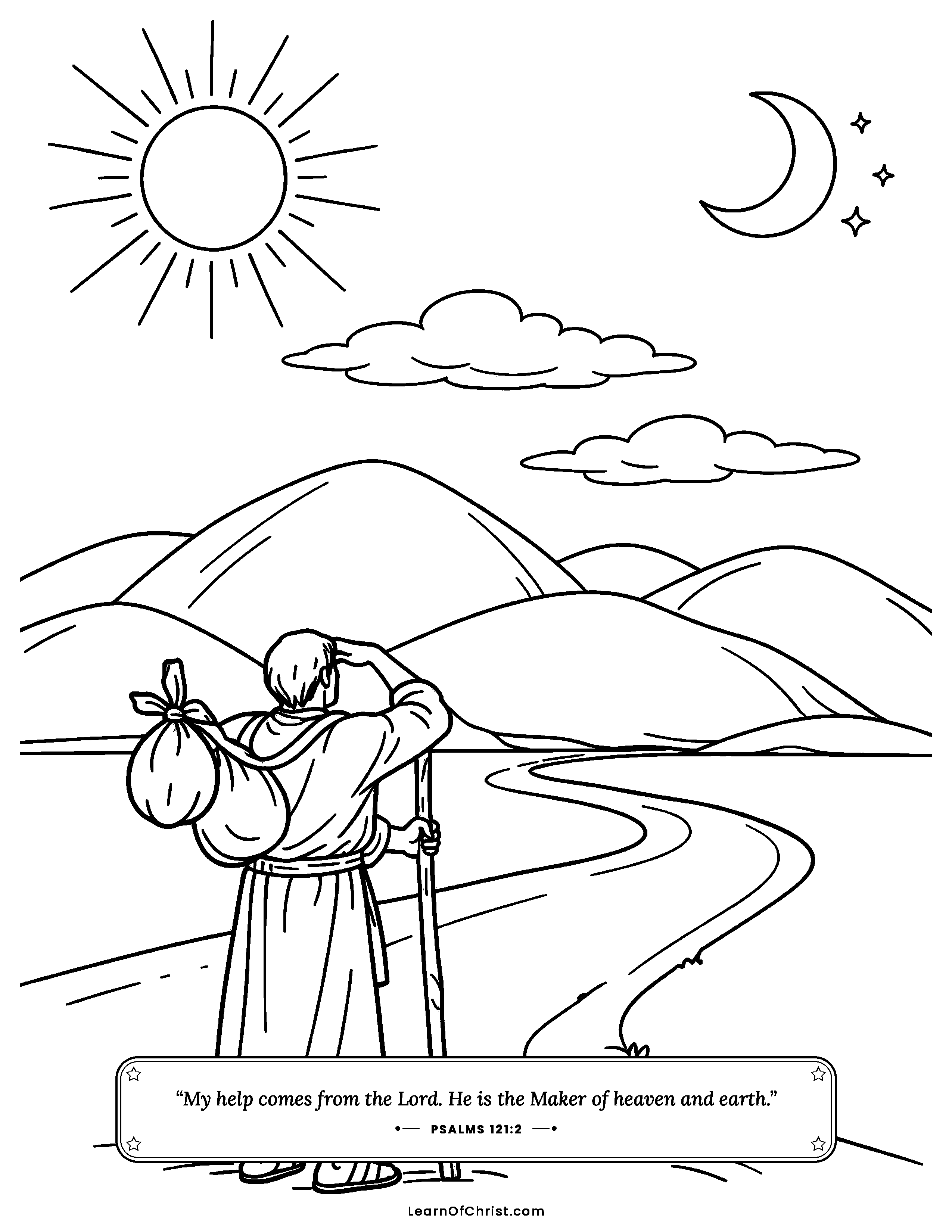 Psalms 121 coloring page - Looking up to the hills for help. Free printable Bible coloring sheet for kids.