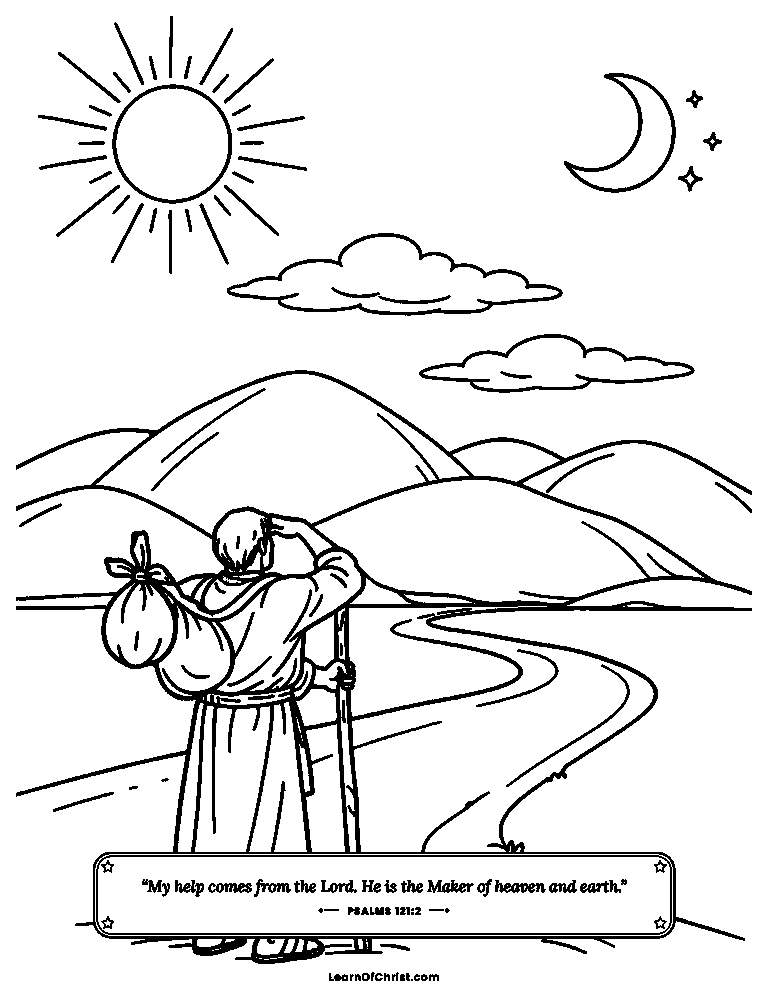Psalms 121 coloring page - Looking up to the hills for help