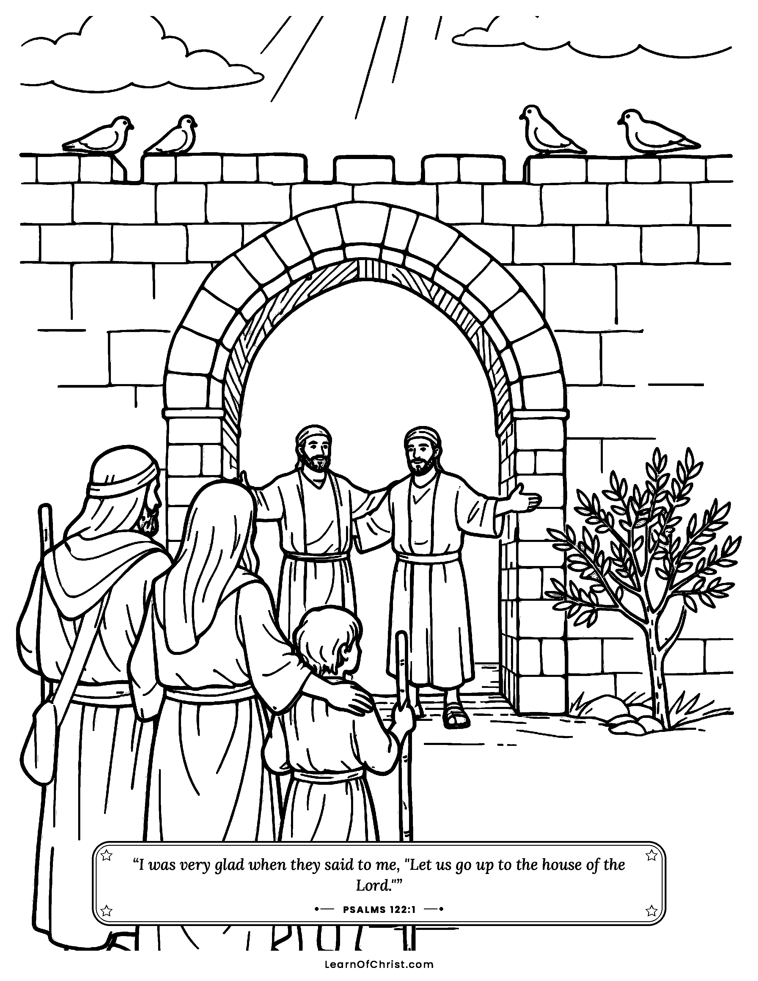 Psalms 122 coloring page - Welcomed at the city gate. Free printable Bible coloring sheet for kids.