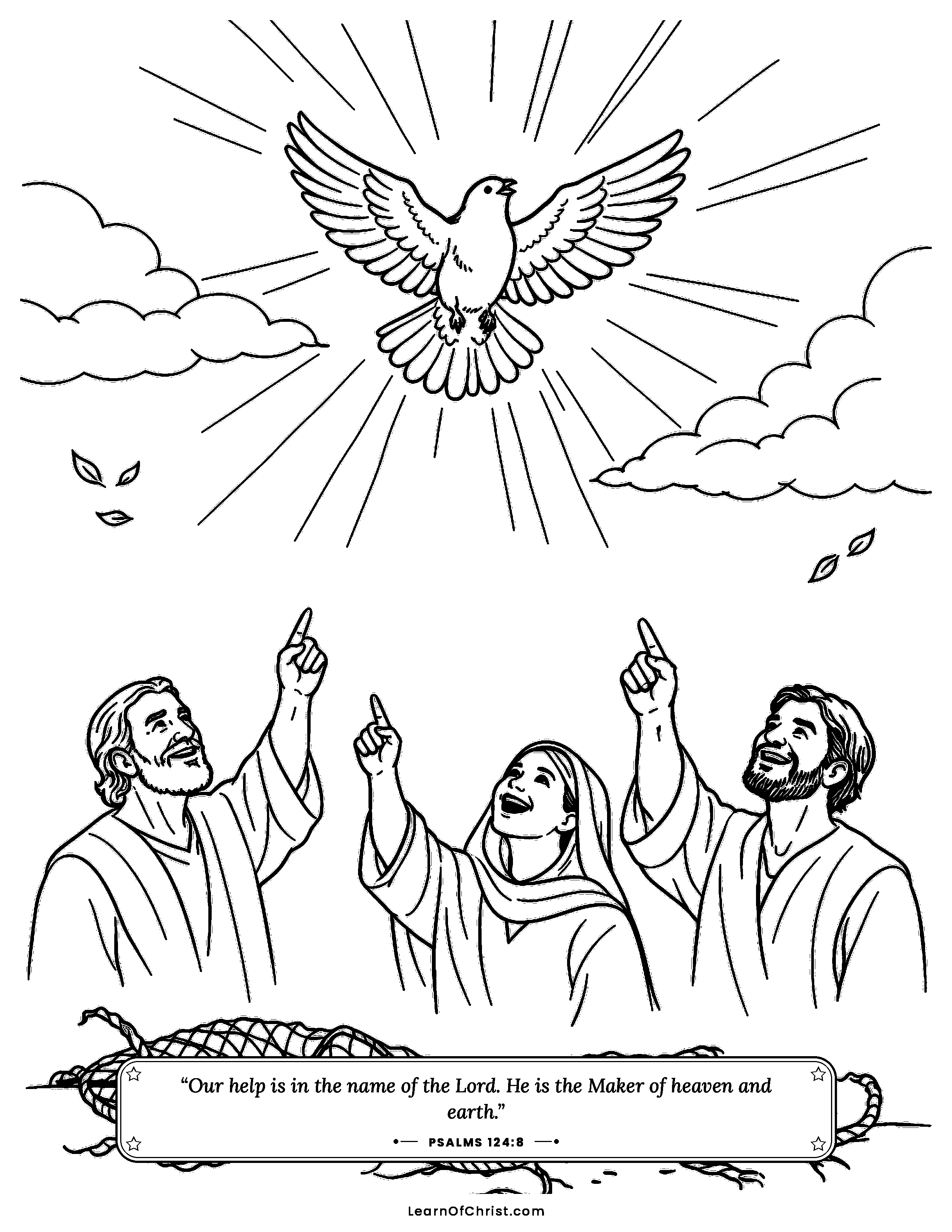 Psalms 124 coloring page - The bird escapes the broken net. Free printable Bible coloring sheet for kids.