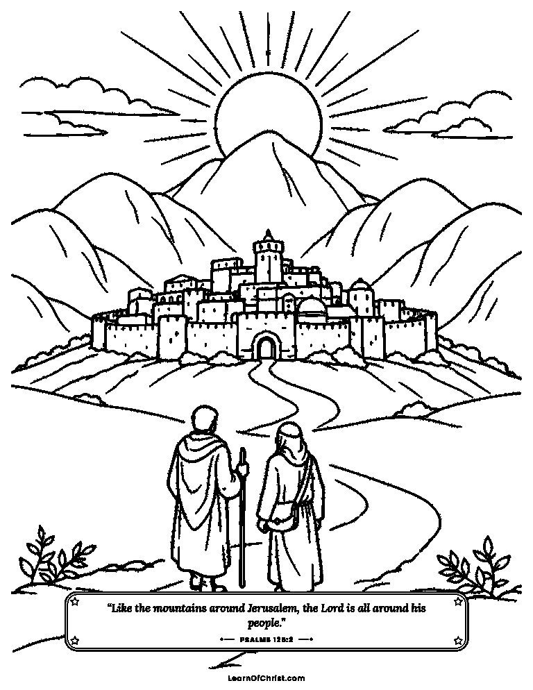 Psalms 125 coloring page - Mountains all around the city