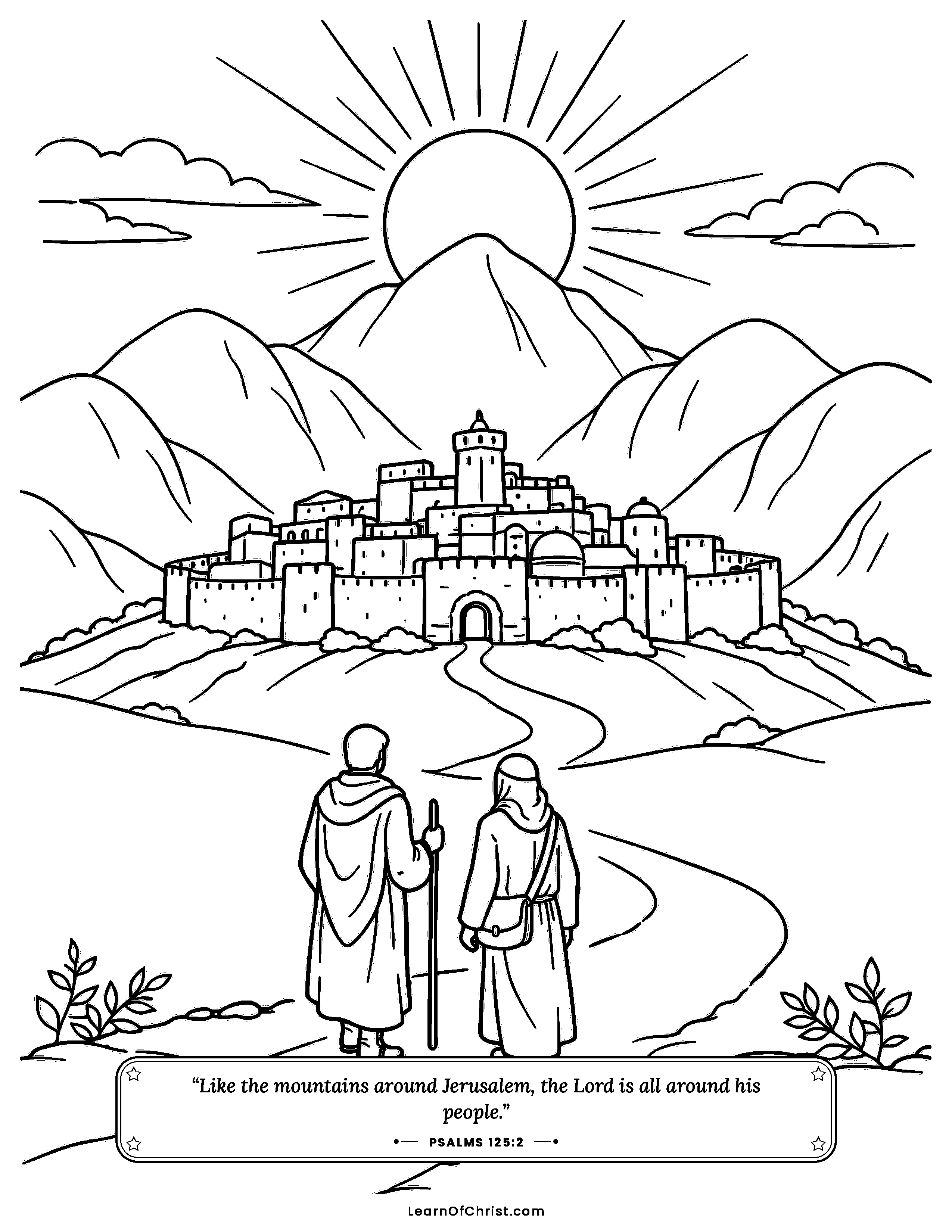 Psalms 125 coloring page - Mountains all around the city. Free printable Bible coloring sheet for kids.