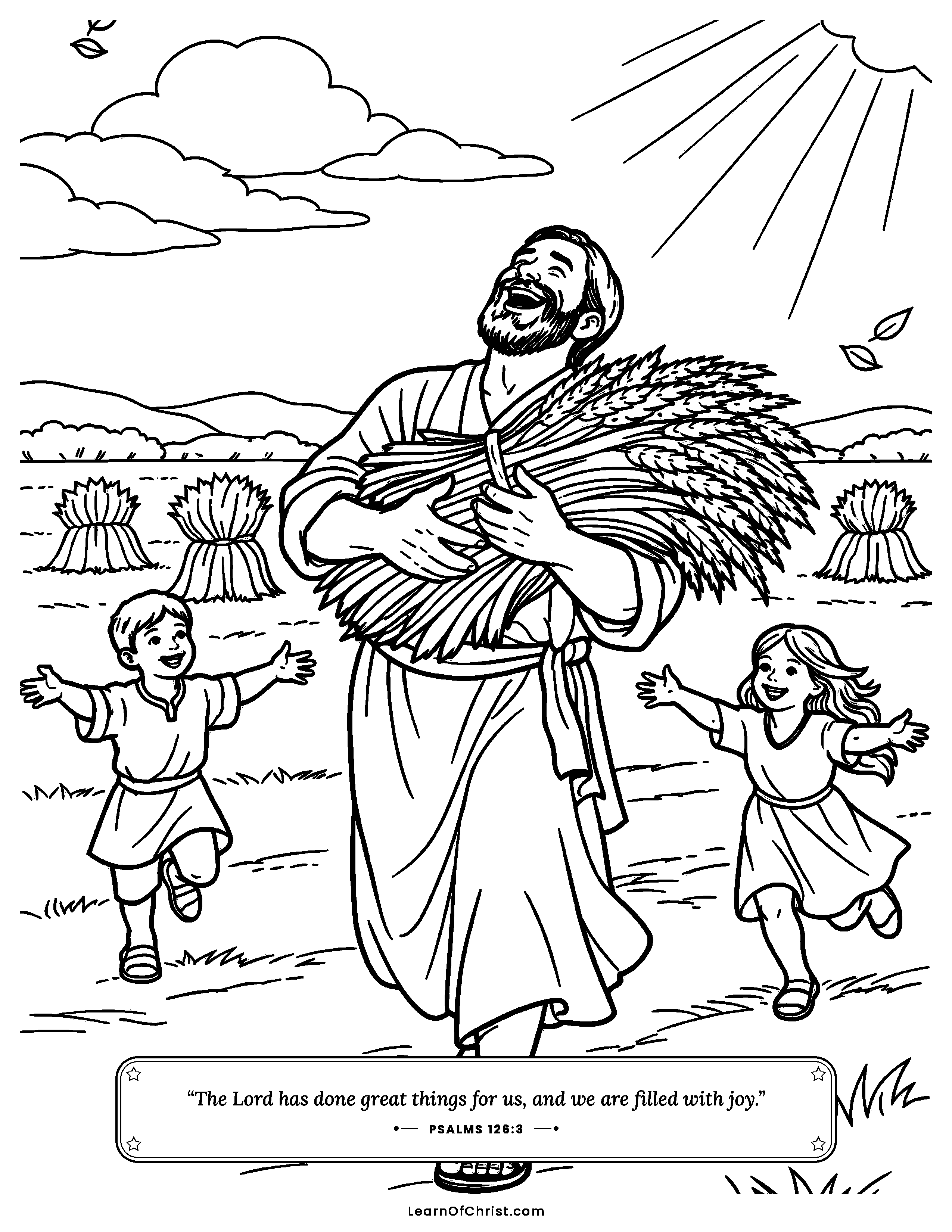Psalms 126 coloring page - Carrying home the golden sheaves. Free printable Bible coloring sheet for kids.