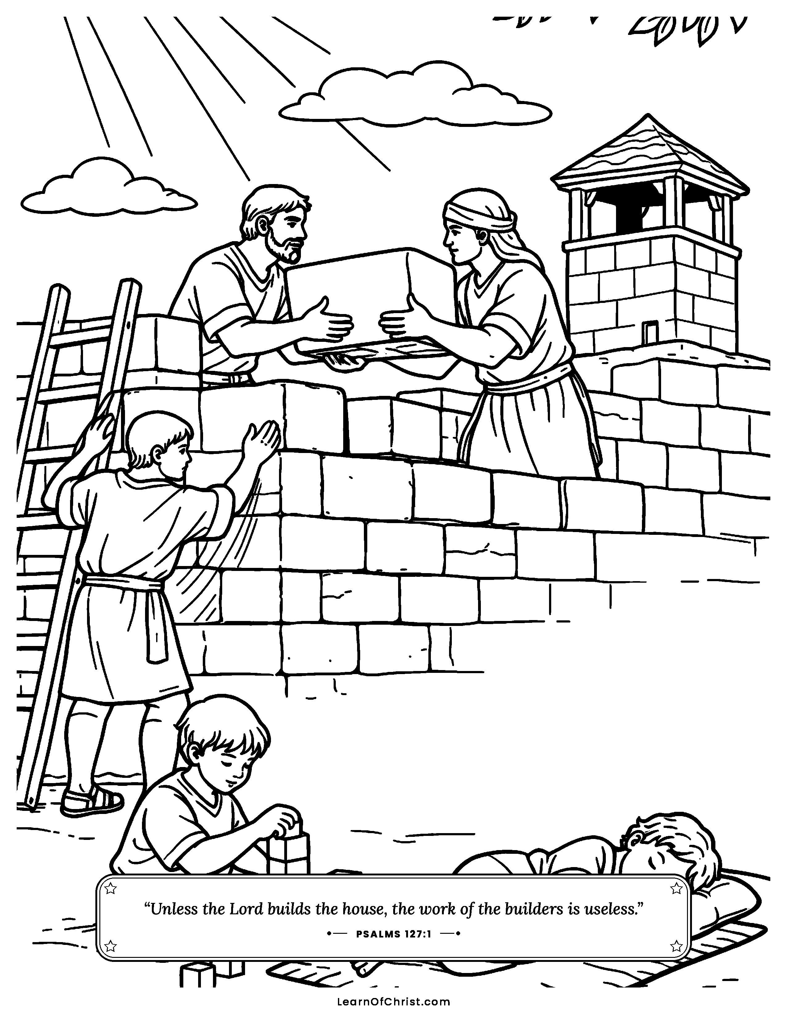 Psalms 127 coloring page - God builds the house with us. Free printable Bible coloring sheet for kids.