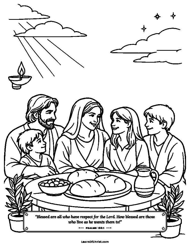 Psalms 128 coloring page - Olive-shoot children around the table