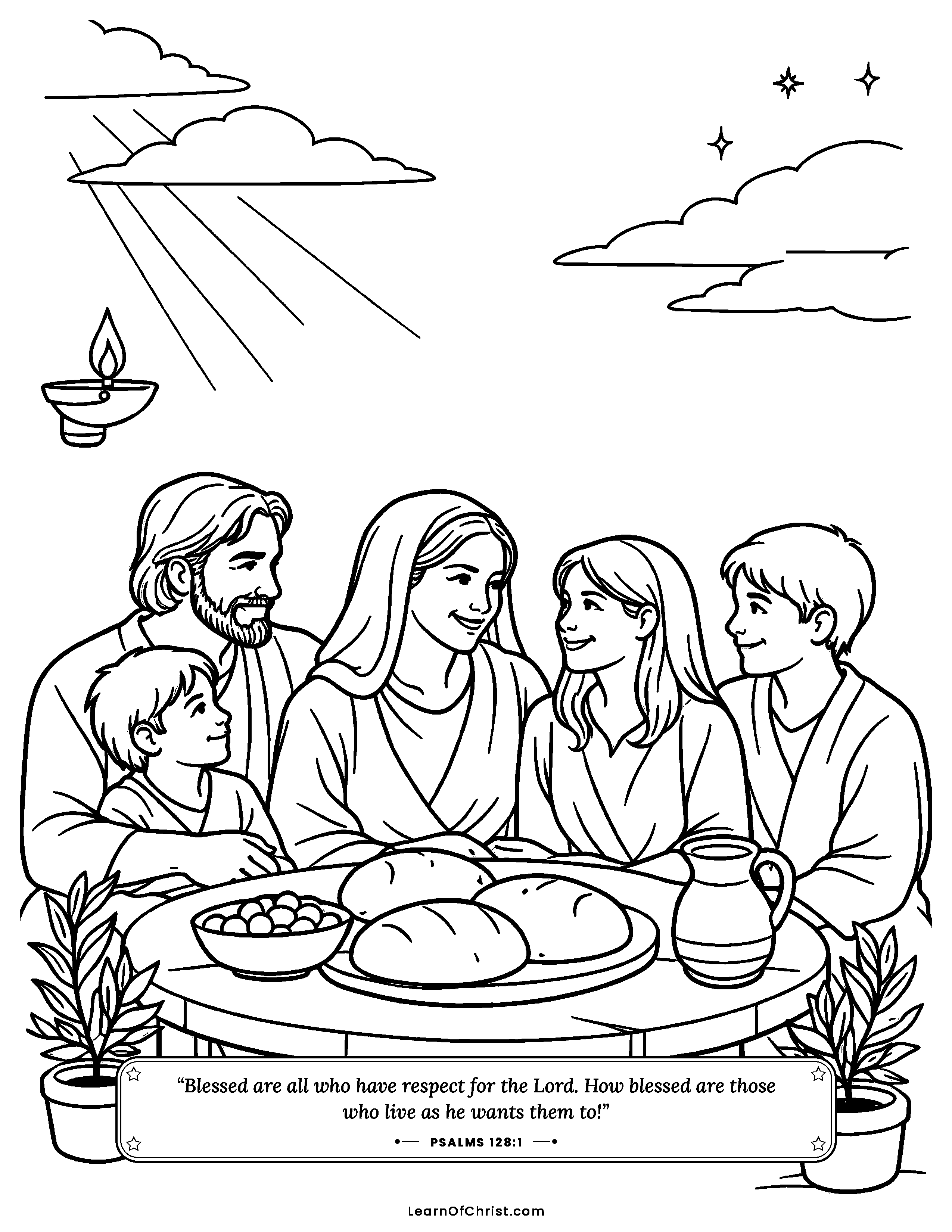 Psalms 128 coloring page - Olive-shoot children around the table. Free printable Bible coloring sheet for kids.
