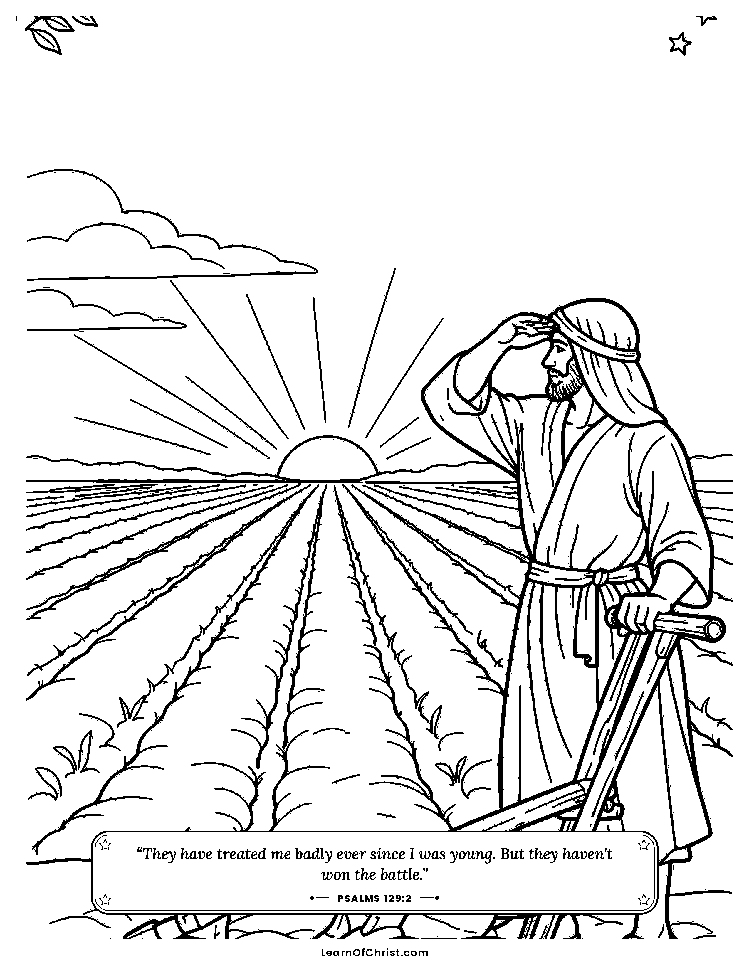 Psalms 129 coloring page - Standing up again after the hard rows. Free printable Bible coloring sheet for kids.