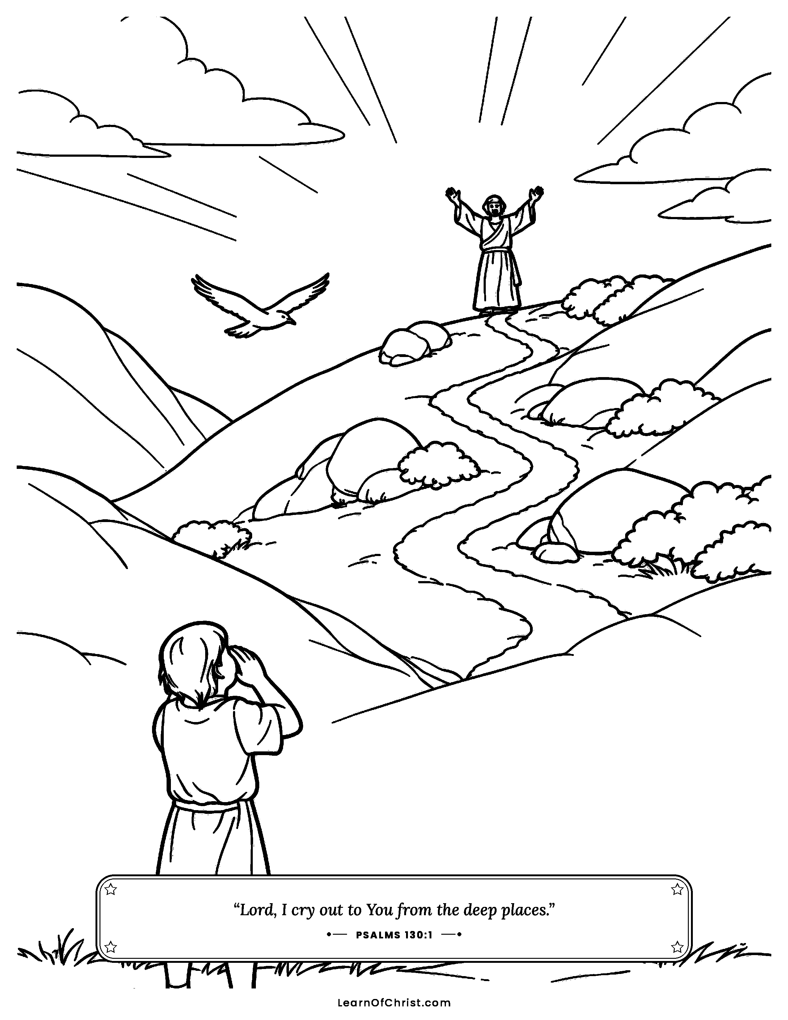 Psalms 130 coloring page - Calling up from the deep valley. Free printable Bible coloring sheet for kids.