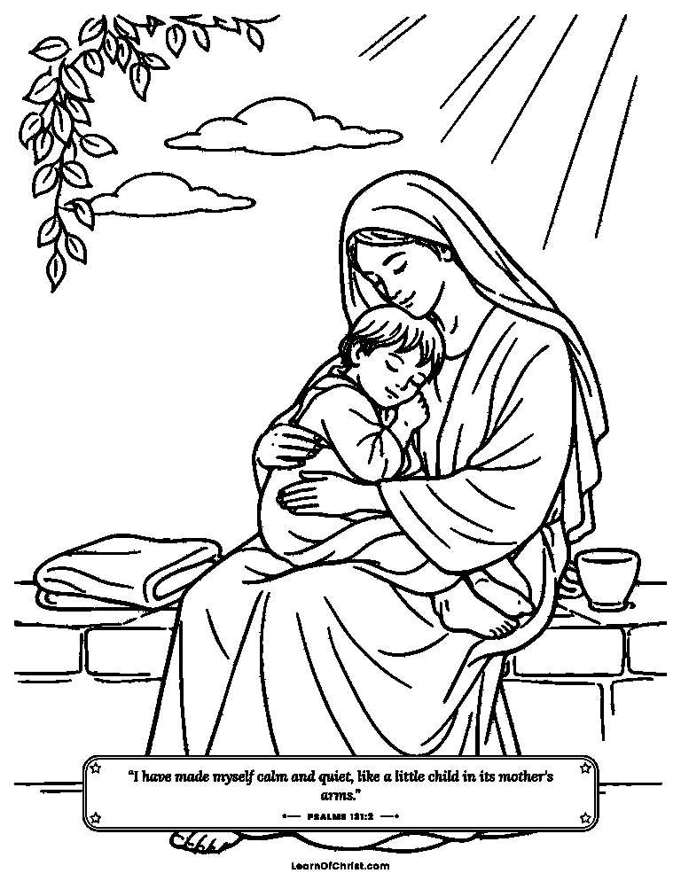Psalms 131 coloring page - A calm child resting in mother's arms