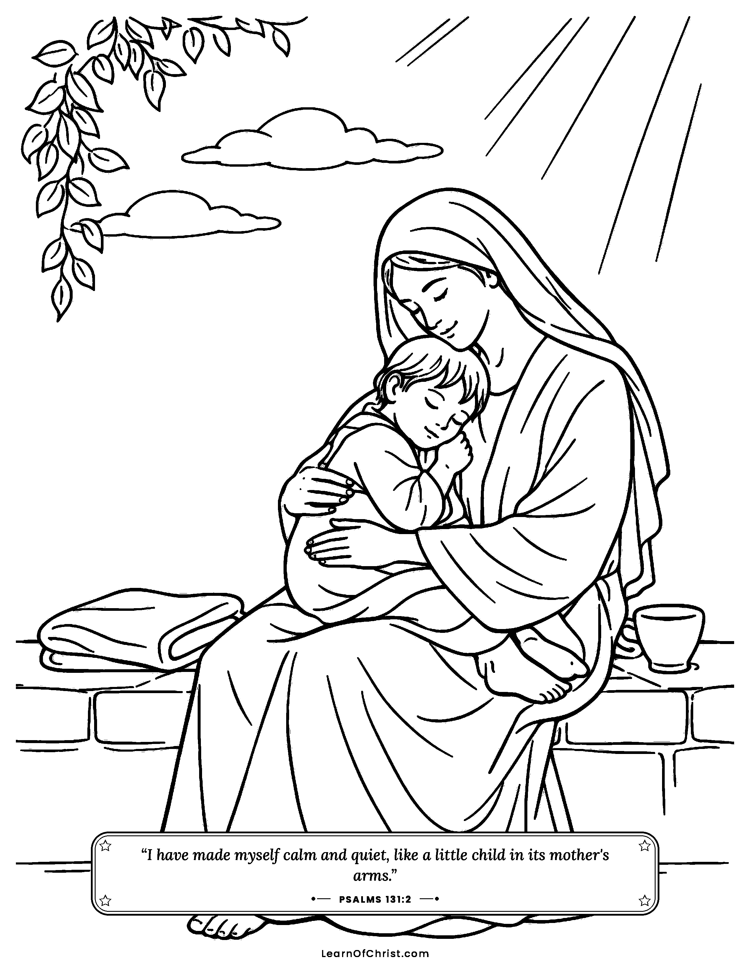 Psalms 131 coloring page - A calm child resting in mother's arms. Free printable Bible coloring sheet for kids.