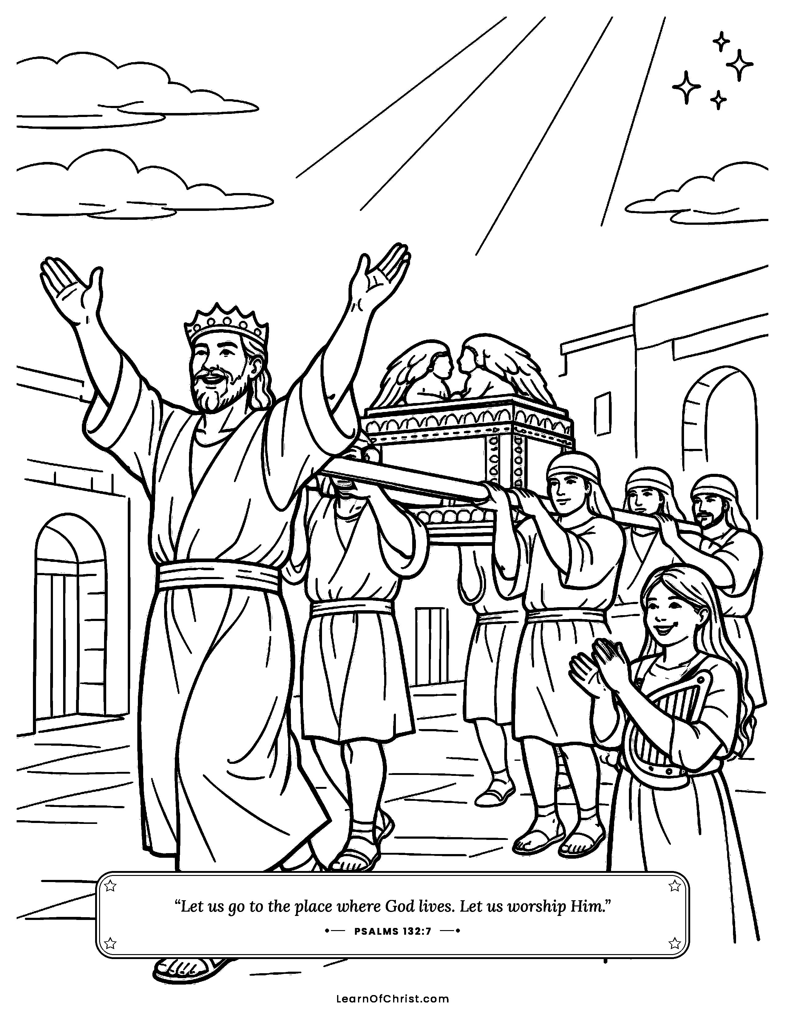 Psalms 132 coloring page - Carrying the ark to God's house. Free printable Bible coloring sheet for kids.