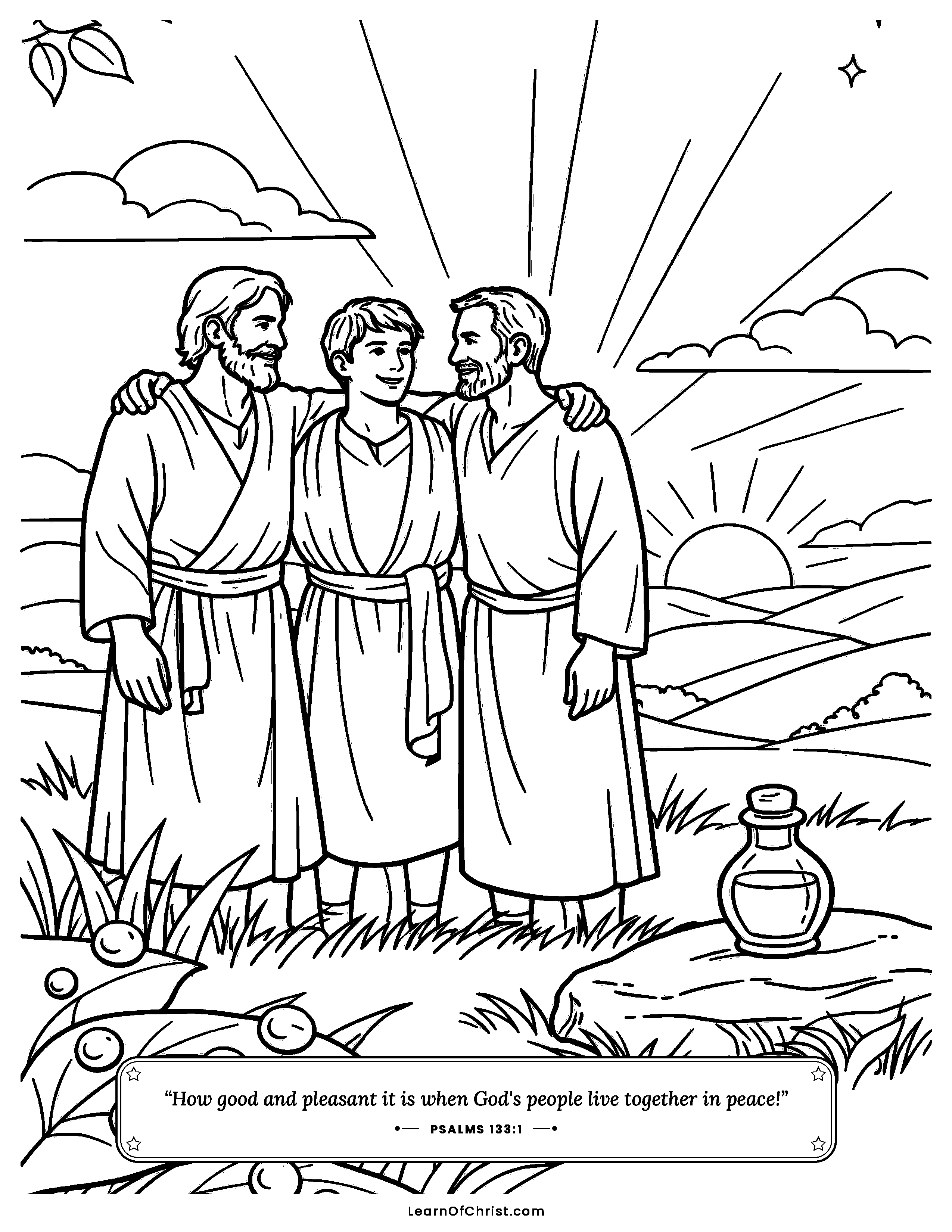 Psalms 133 coloring page - Friends together like fresh morning dew. Free printable Bible coloring sheet for kids.