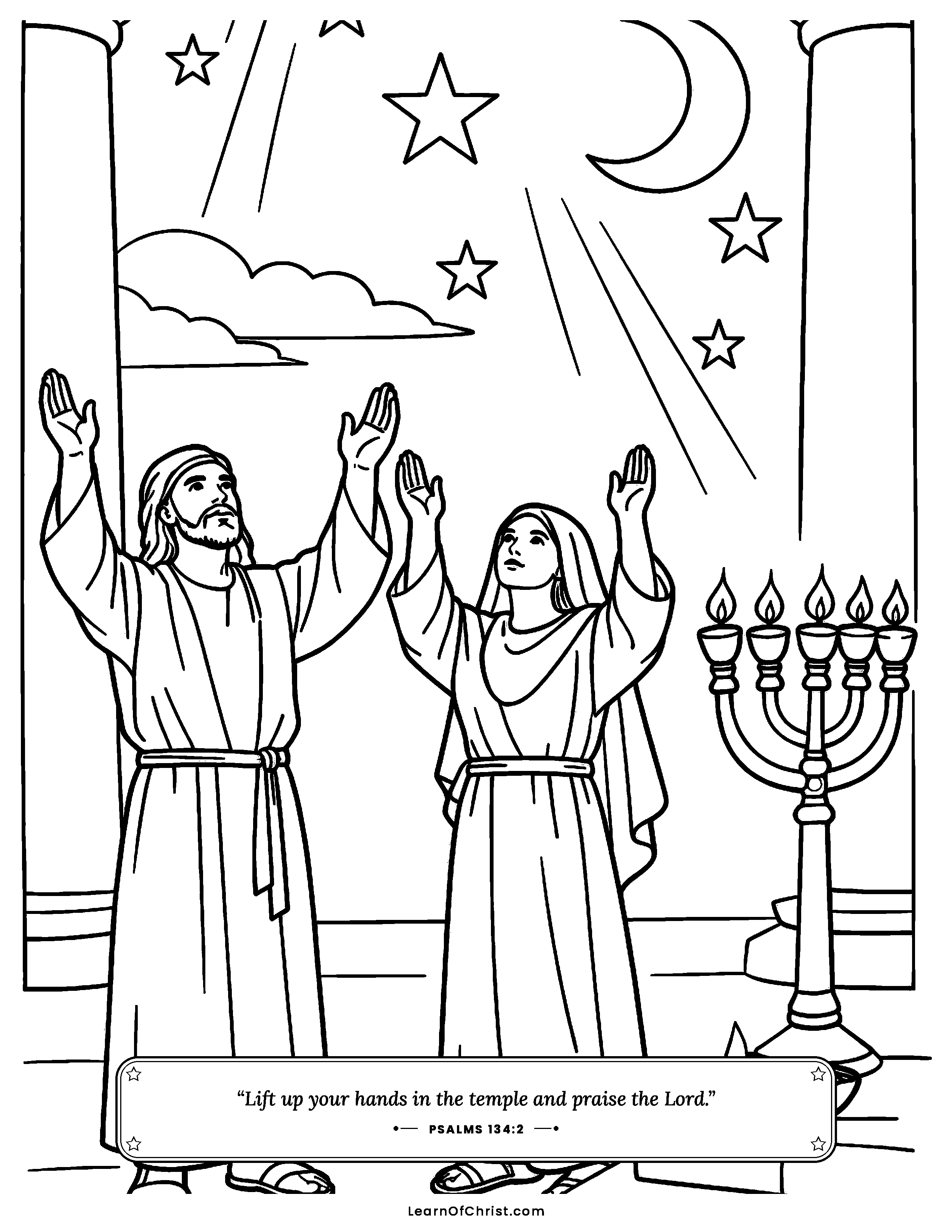 Psalms 134 coloring page - Night helpers praising in the lamplight. Free printable Bible coloring sheet for kids.