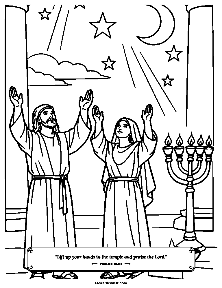 Psalms 134 coloring page - Night helpers praising in the lamplight