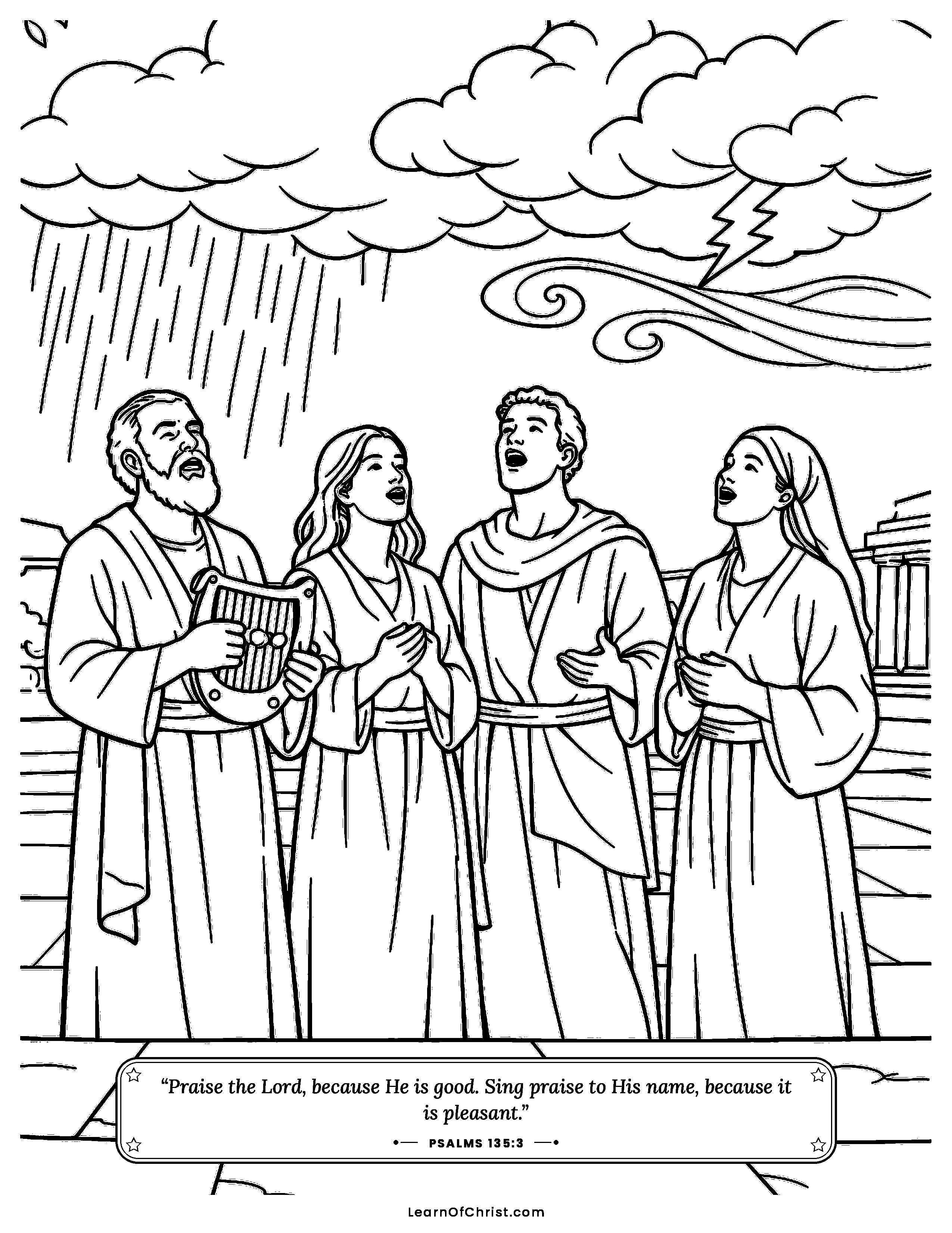 Psalms 135 coloring page - Singing to the God of wind and rain. Free printable Bible coloring sheet for kids.
