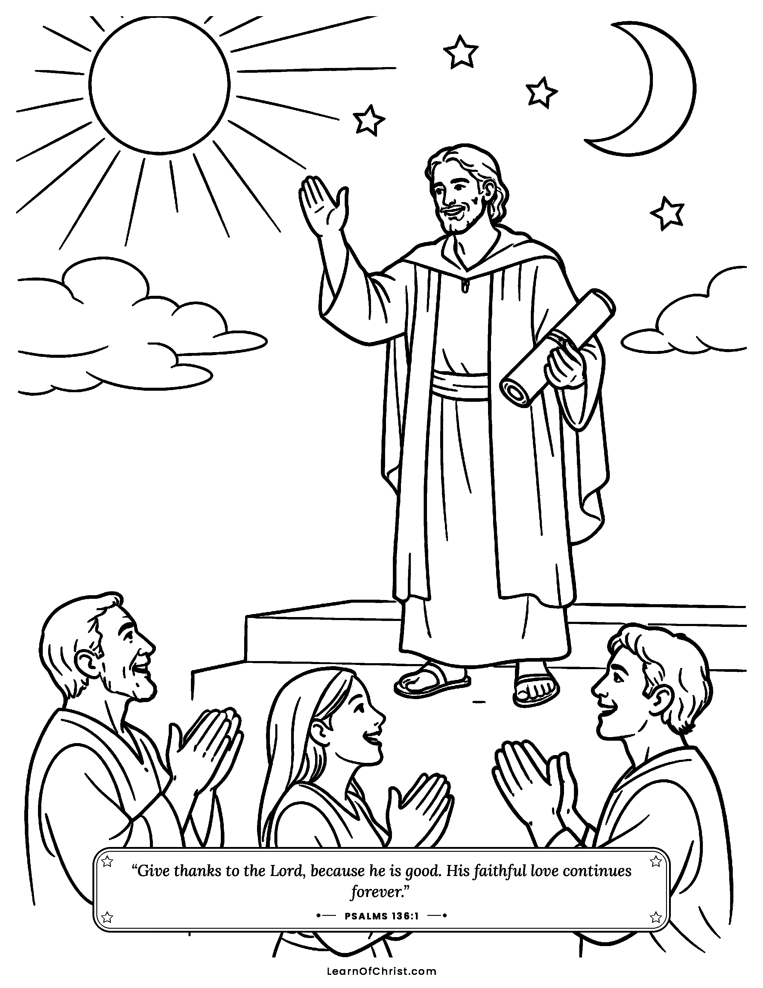 Psalms 136 coloring page - A song leader and the answering crowd. Free printable Bible coloring sheet for kids.