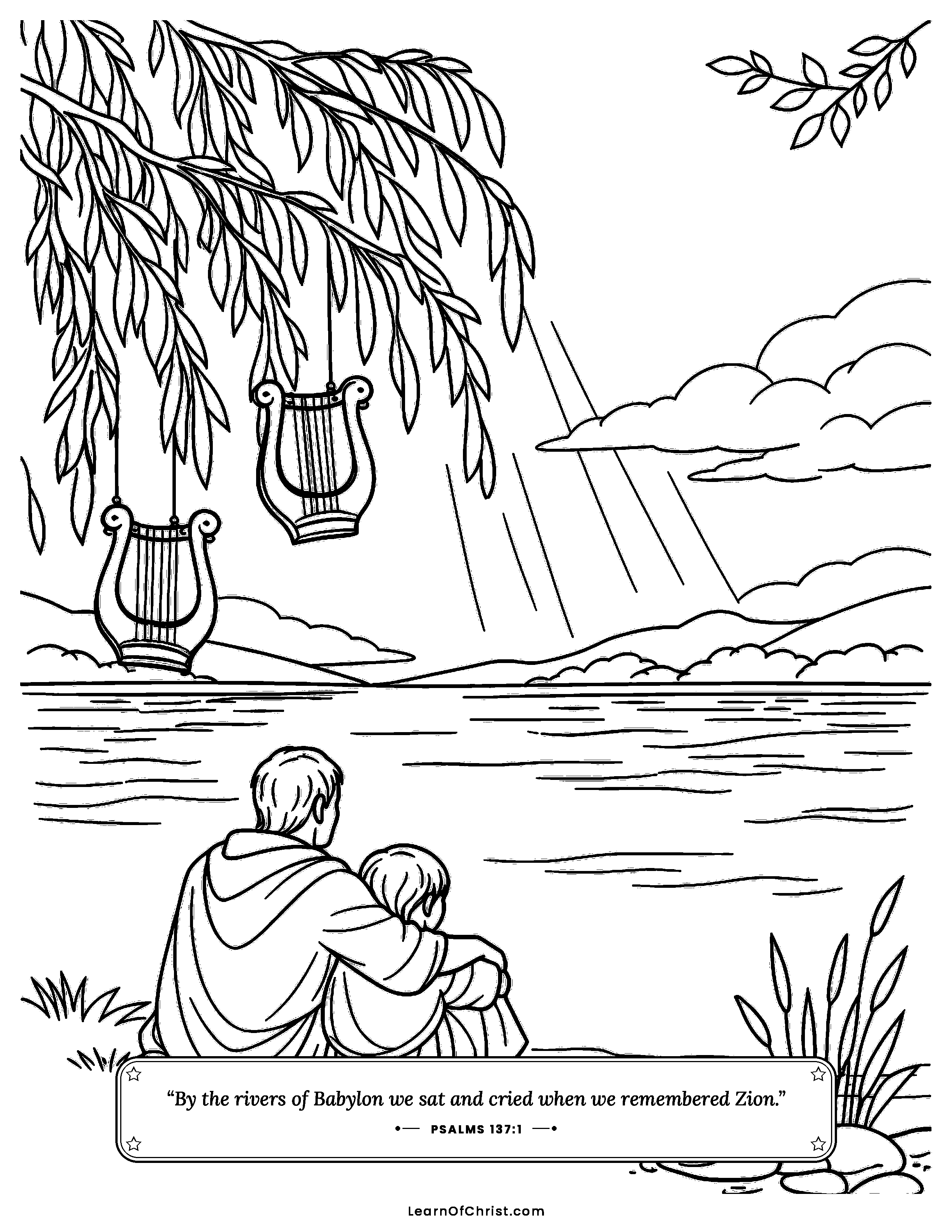 Psalms 137 coloring page - Harps hanging in the willow trees. Free printable Bible coloring sheet for kids.