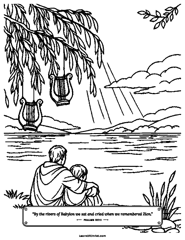Psalms 137 coloring page - Harps hanging in the willow trees