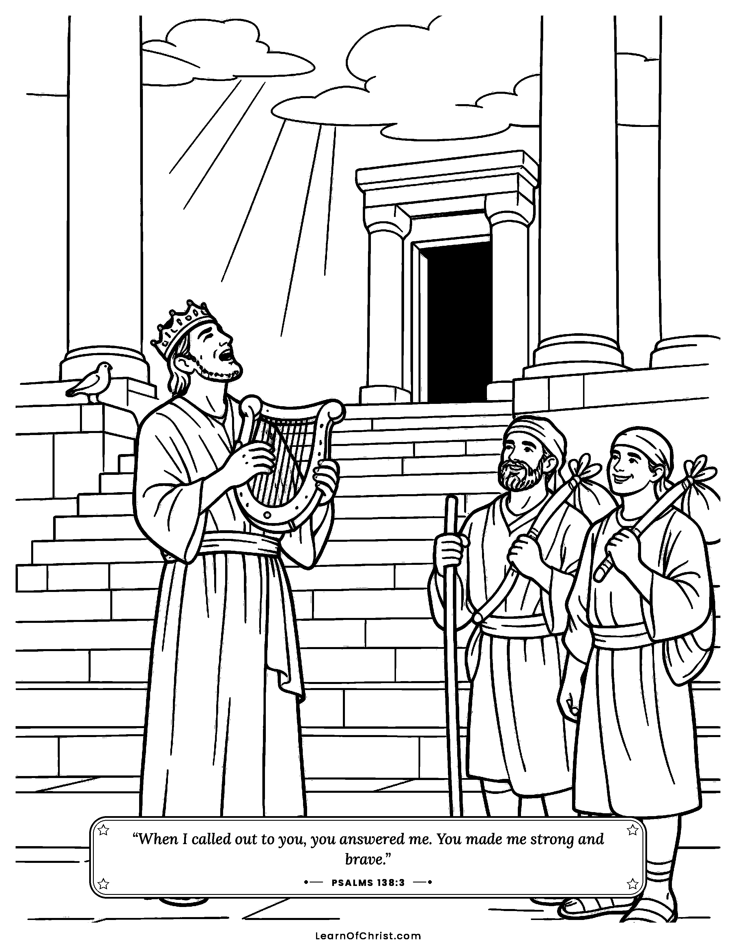 Psalms 138 coloring page - Singing thanks at the temple steps. Free printable Bible coloring sheet for kids.