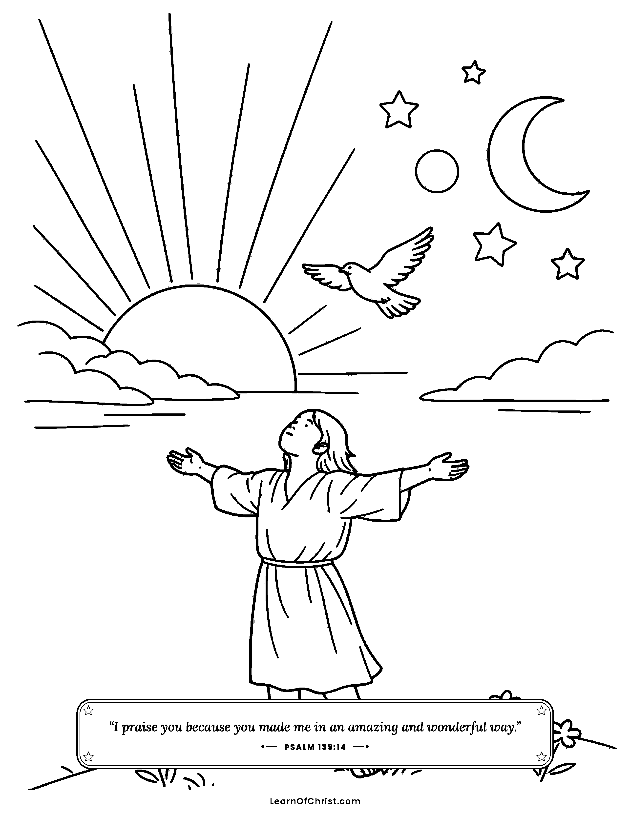 Psalms 139 coloring page - Known by God everywhere, day or night. Free printable Bible coloring sheet for kids.