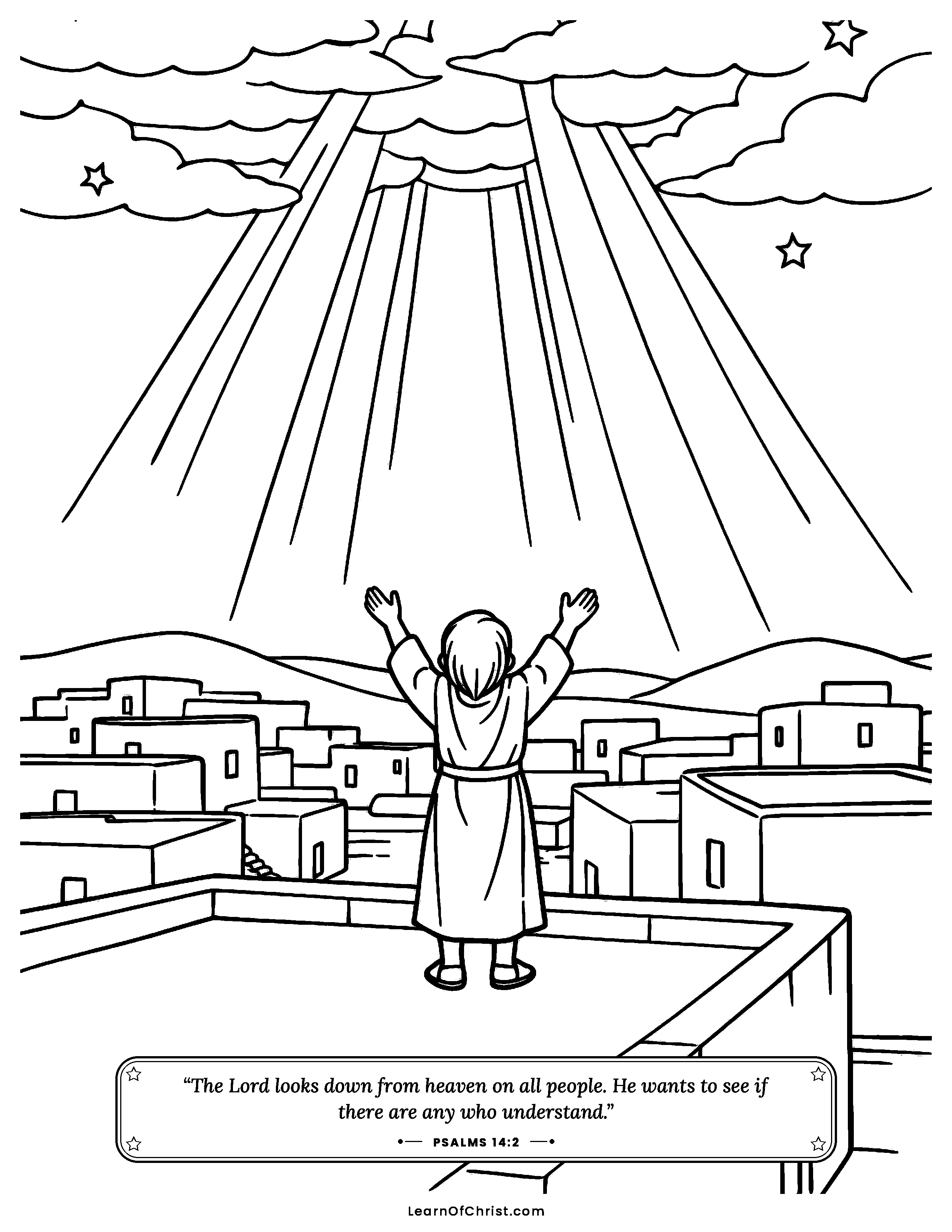 Psalms 14 coloring page - Light searches the sleeping town. Free printable Bible coloring sheet for kids.
