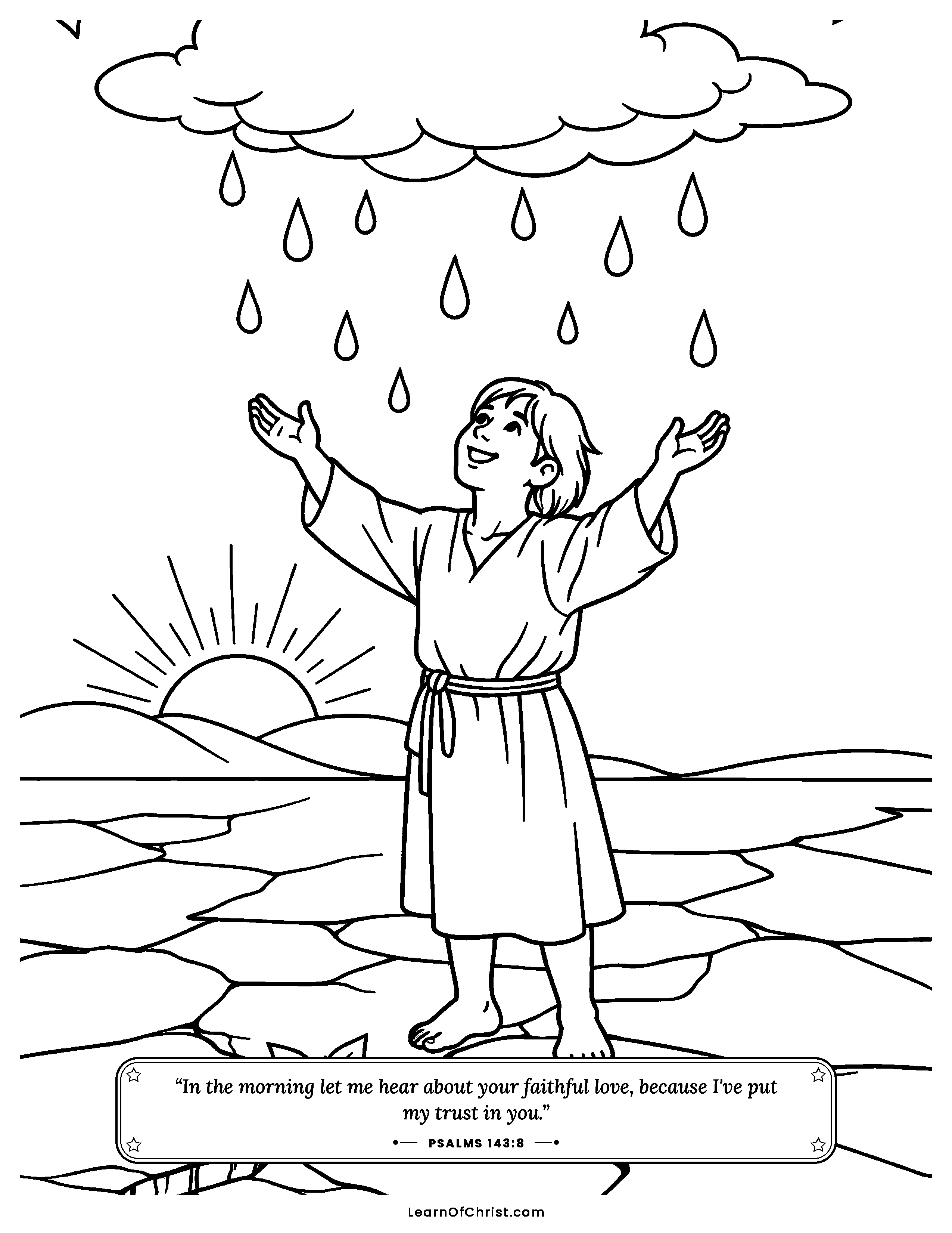 Psalms 143 coloring page - Dry ground drinking the first raindrops. Free printable Bible coloring sheet for kids.