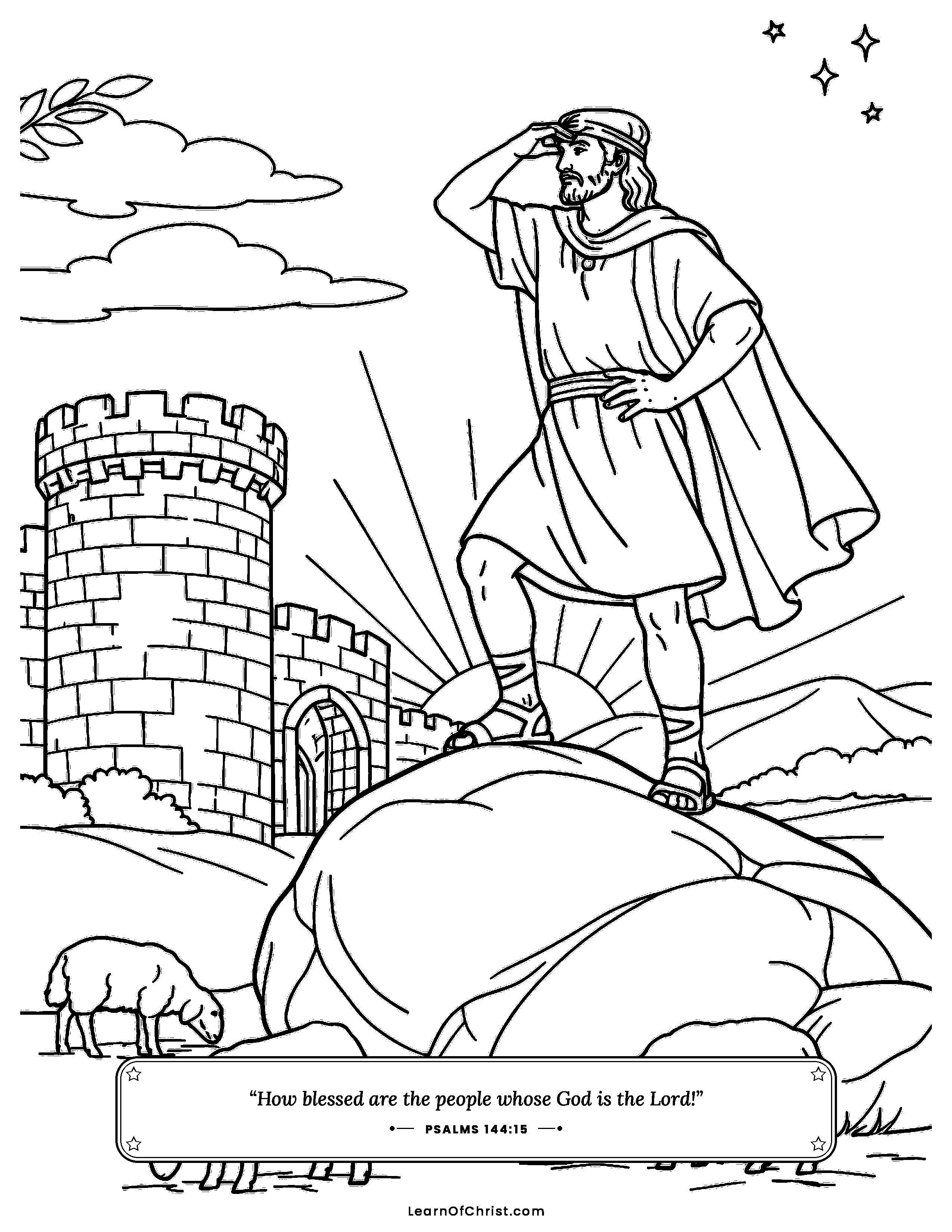 Psalms 144 coloring page - Standing safe on a great rock. Free printable Bible coloring sheet for kids.