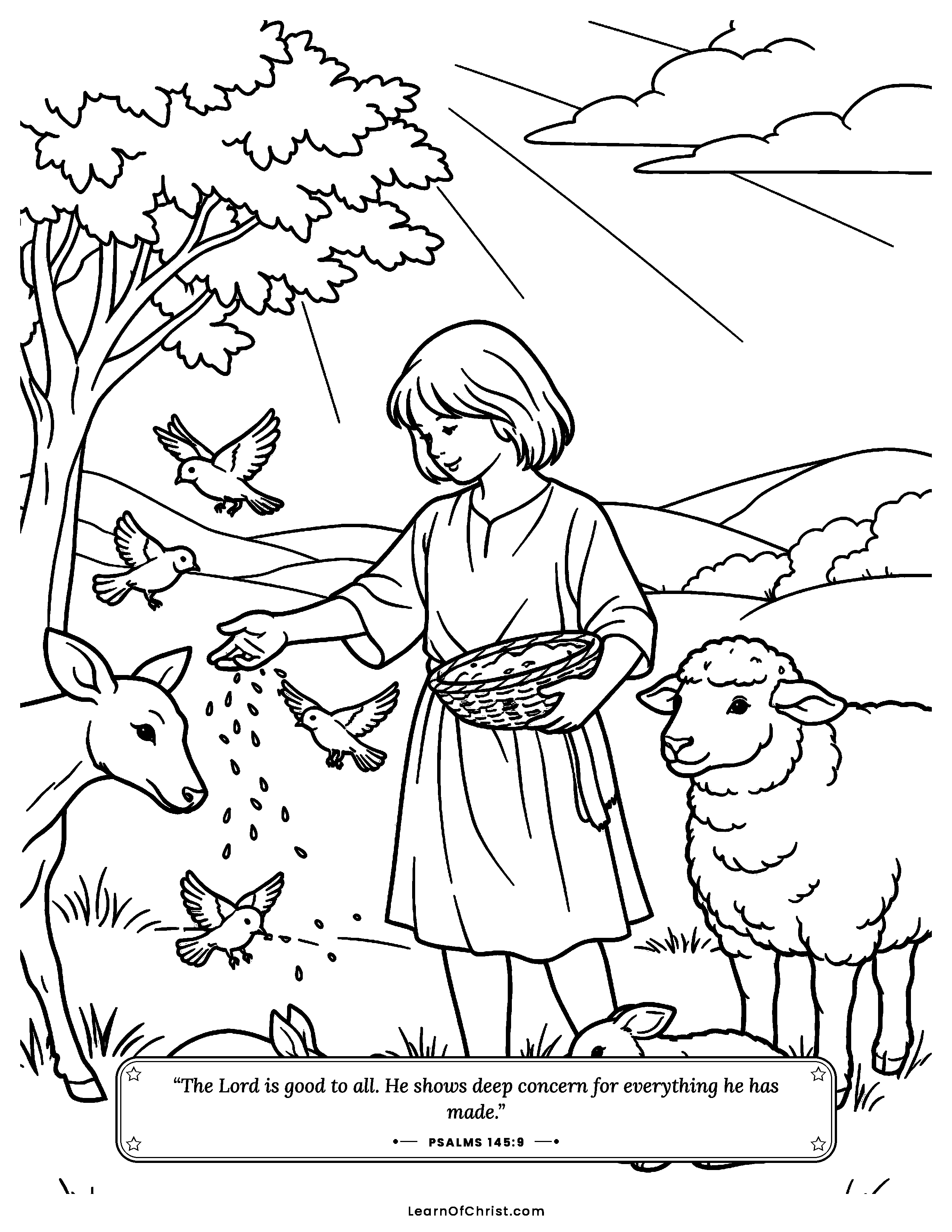 Psalms 145 coloring page - Every creature fed from an open hand. Free printable Bible coloring sheet for kids.