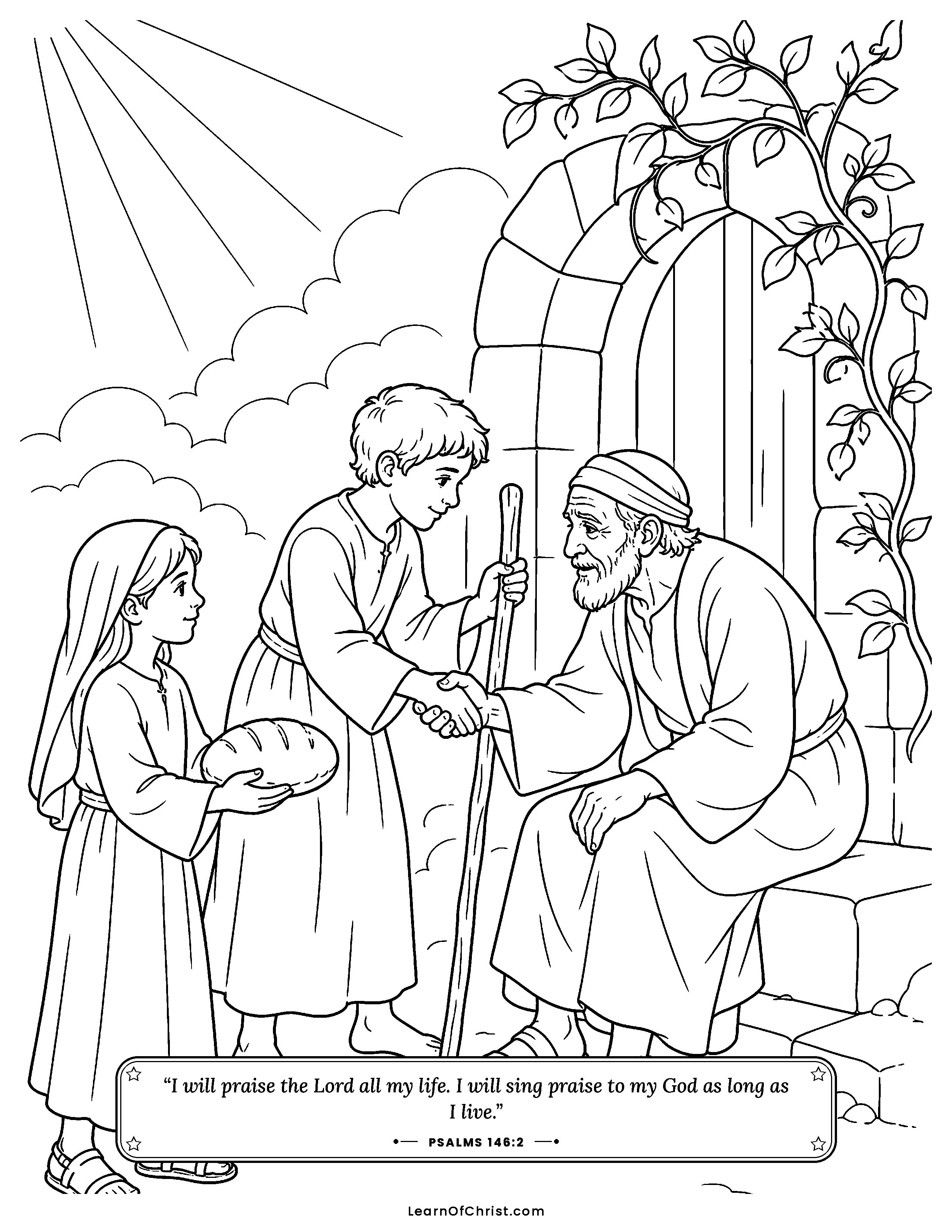 Psalms 146 coloring page - Helping someone who is bowed down. Free printable Bible coloring sheet for kids.