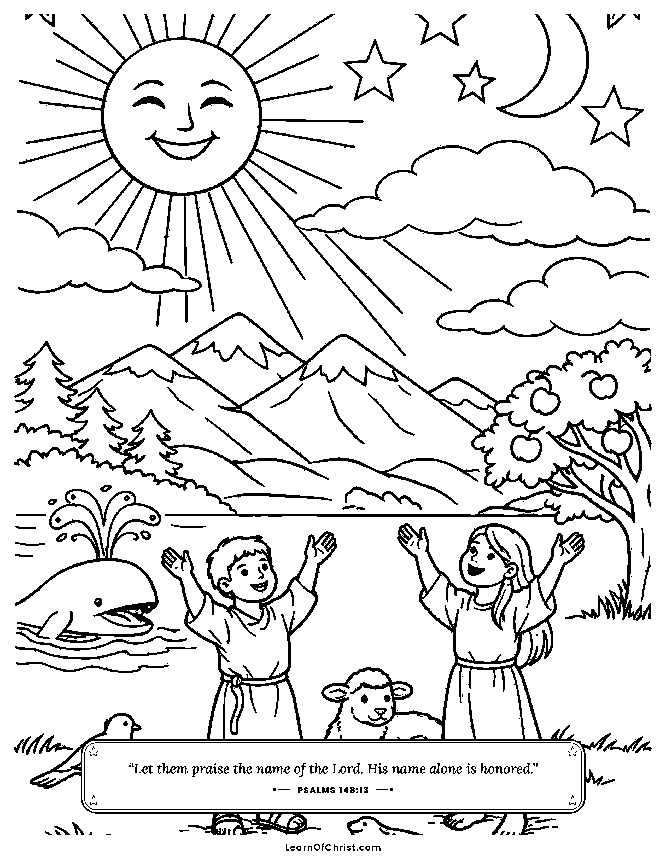 Psalms 148 coloring page - All creation joins the praise chorus. Free printable Bible coloring sheet for kids.
