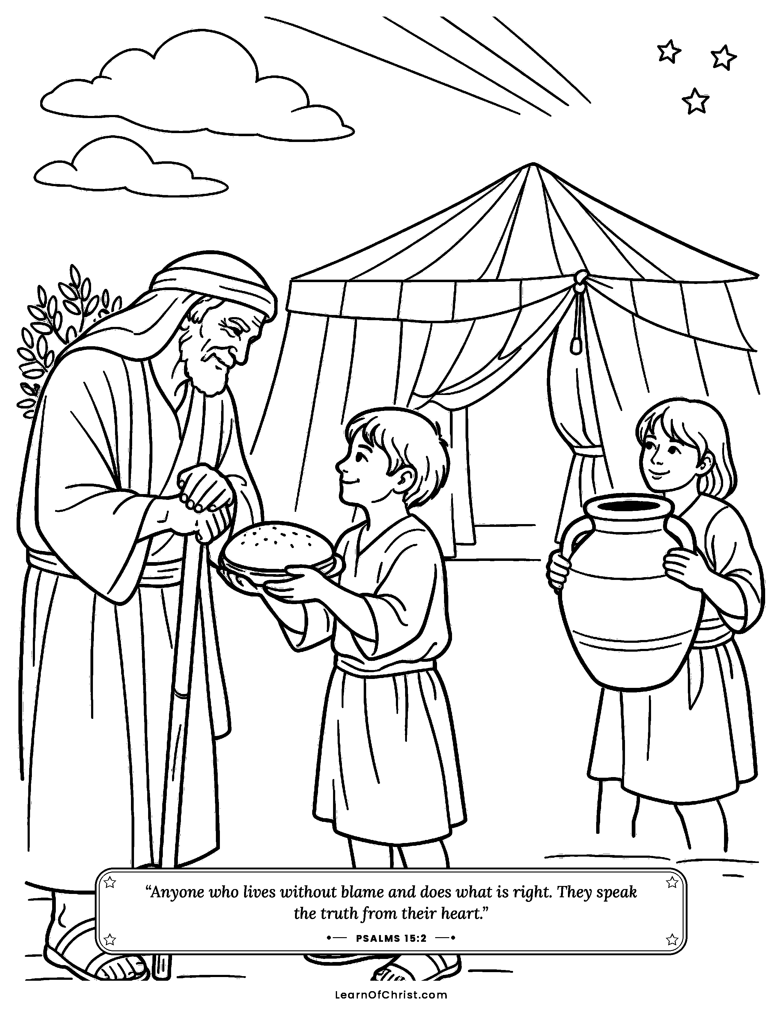 Psalms 15 coloring page - Everyday kindness outside the tent. Free printable Bible coloring sheet for kids.